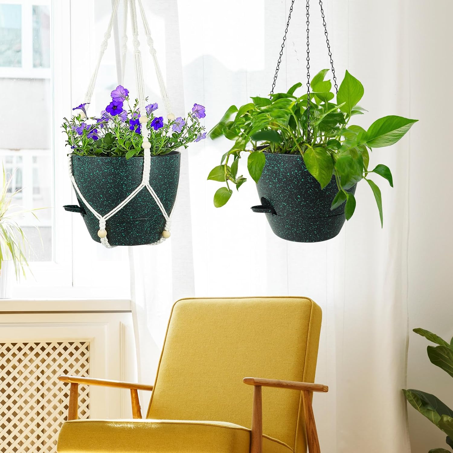 Meowell 10 inch Self Watering Hanging Planters, 2 Pack Hanging Flower Pots for Indoor Outdoor Plants, Hanging Baskets with Drainage Holes & 2 Kinds of Plant Hangers for Home Decor, Speckled Black