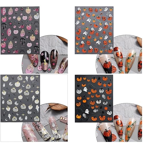 Miniatura 7 de Calcomanías de arte de uñas de Halloween 3D, autoadhesivas, para Halloween, telaraña, murciélago, fantasma, calabaza, diseños de uñas, suministros