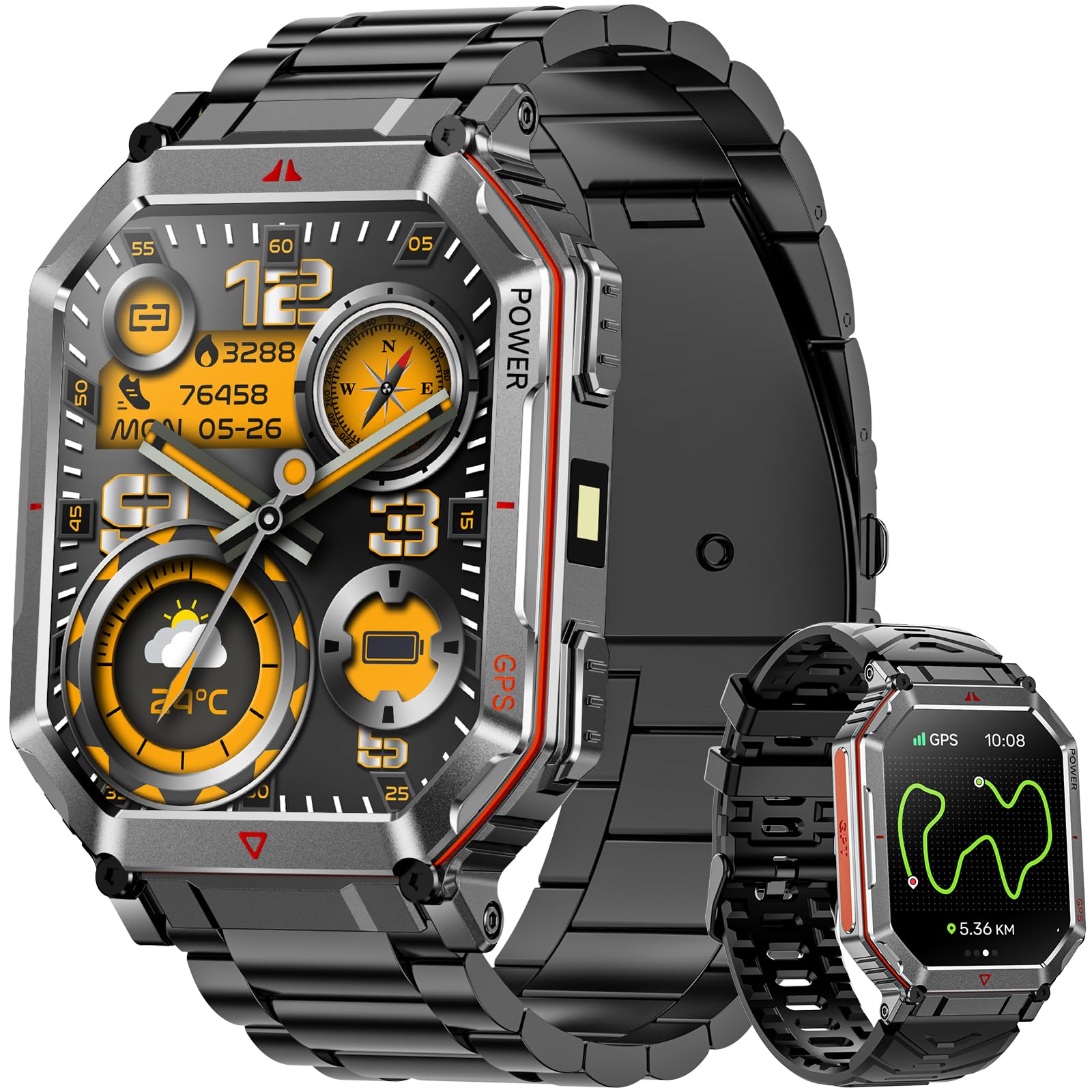 Orologio intelligente militare Cinghia in Acciaio per uomini, con GPS/bussola, assistente vocale GPT, display HD 2.01", chiamate Bluetooth, tracker fitness, compatibile con Android e iOS (Nero)