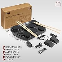 Vista 7 de Pyle, Batería electrónica, almohadilla de batería, 7 almohadillas, Bluetooth, USB, AUX, pantalla LED, 15 kits preestablecidos, más de 300 sonidos