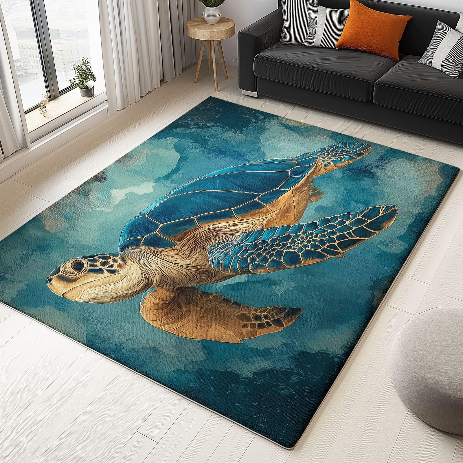 Tapis bleu et marron art de la tortue au toucher doux et moelleux