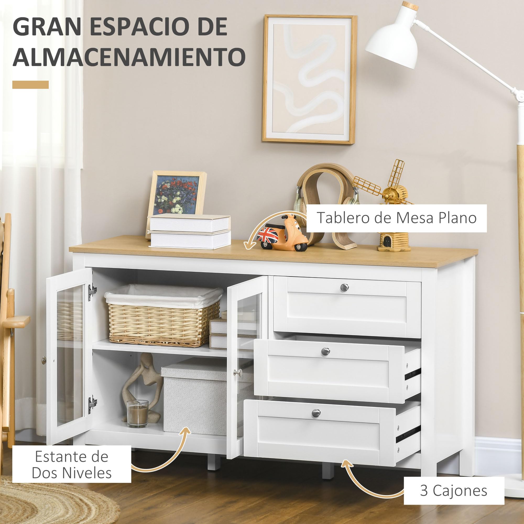 HOMCOM Aparador para Salón Armario Auxiliar con 2 Puertas de Vidrio 3 Cajones y Estante Ajustable para Cocina Comedor Pasillo 120x40x70 cm Blanco