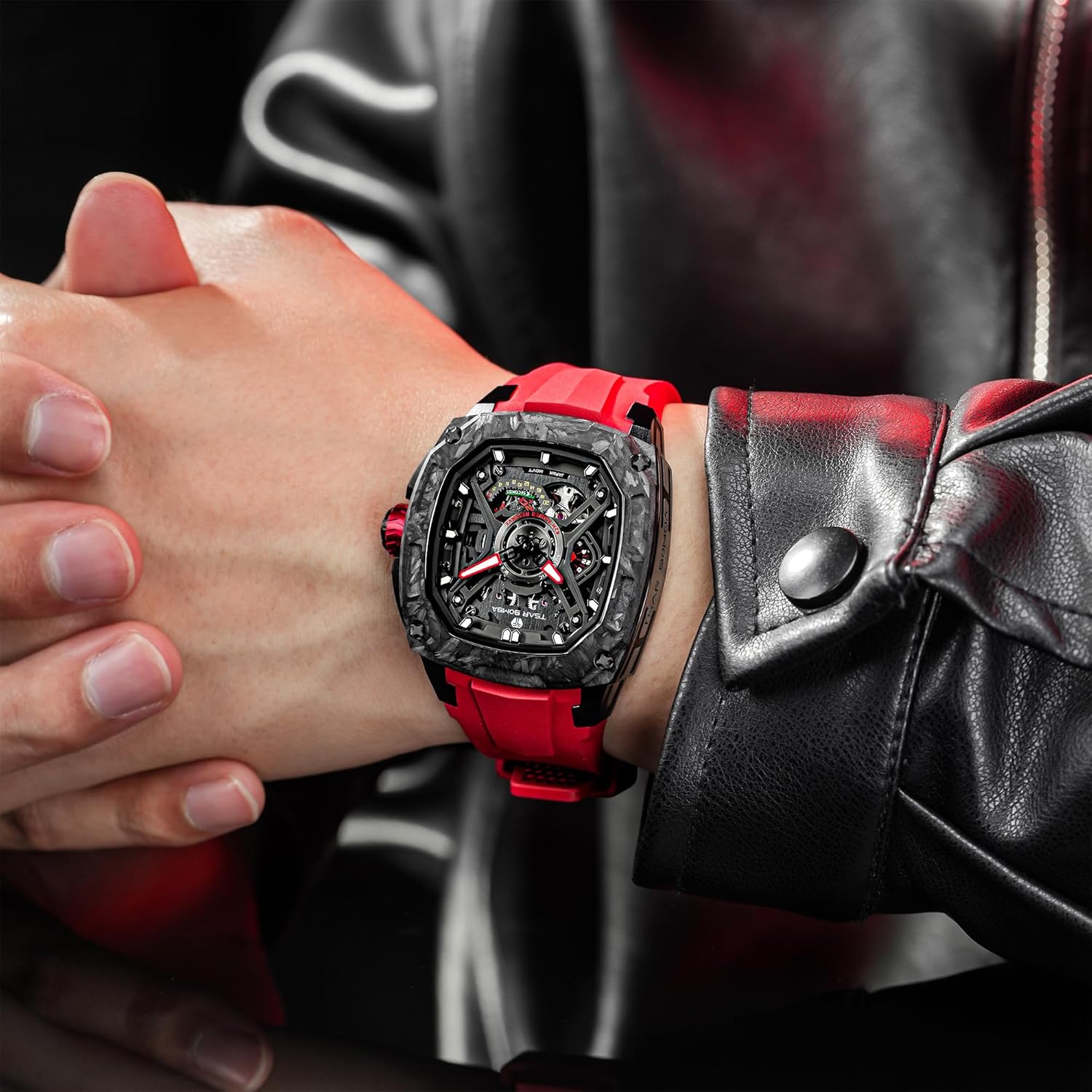 TSAR BOMBA Luxury Mechanical Watches for Men with Carbon Fiber Case Men Wristwatch Luminous 5ATM Water Resistant Men's Watch with Fluorine Rubber Strap Great Gifts for Men