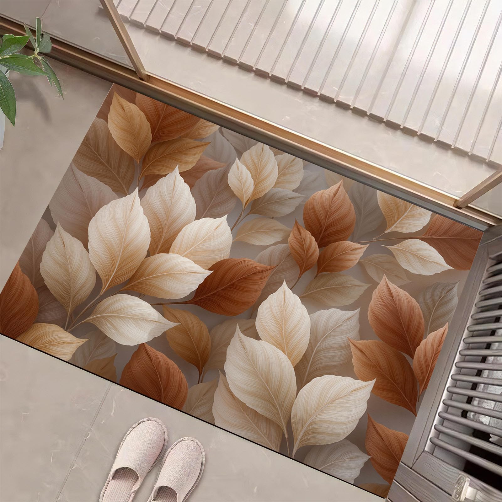 Paillasson intérieur entrée style nordique aux élégants motifs de feuilles brunes