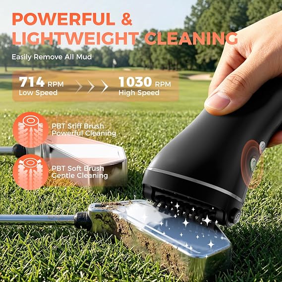 Electric Golf Club Brush Cleaner: 1030 RPM 360 Auto-Rotating Brush with 3-Stream Water Spray, 2 Speeds, 2 Brush Heads, 3.38 Oz Water Tank, Type-C 2000mAh Battery, Storage Bag - Golf Accessories Gift
