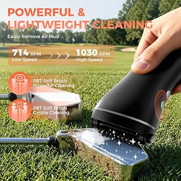 Electric Golf Club Brush Cleaner: 1030 RPM 360 Auto-Rotating Brush with 3-Stream Water Spray, 2 Speeds, 2 Brush Heads, 3.38 Oz Water Tank, Type-C 2000mAh Battery, Storage Bag - Golf Accessories Gift