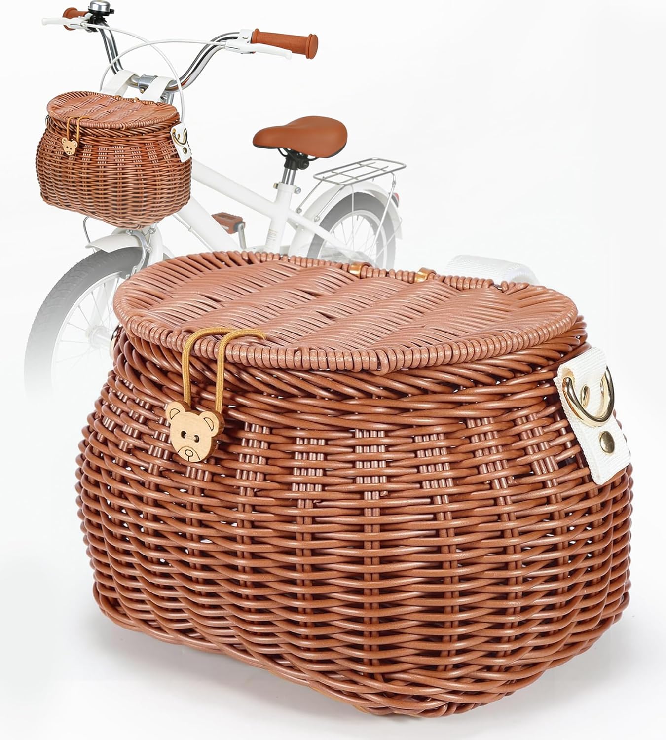 Bike Basket for Kids - Bicycle Decorations for Boys & Girls | Front Handlebar Rattan Basket | with lid & Strap
