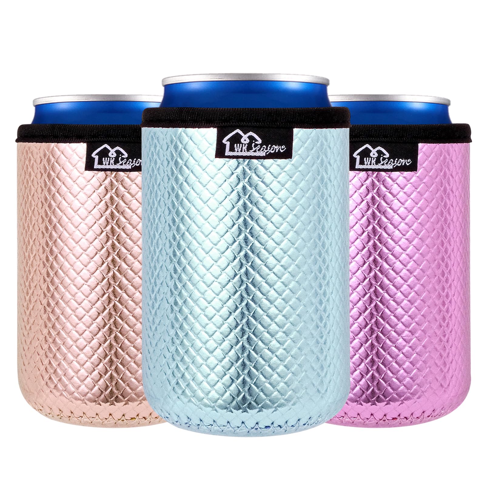 WKIEASON 12OZ Standard Can Coolers Sleeve Neoprene Can Coozies Insulators Can Koozies Cover for Beer Bottle PU Leather Neoprene Can Coolier for Soda Beverage Cokecola Can Sleeves-3PCS Pack
