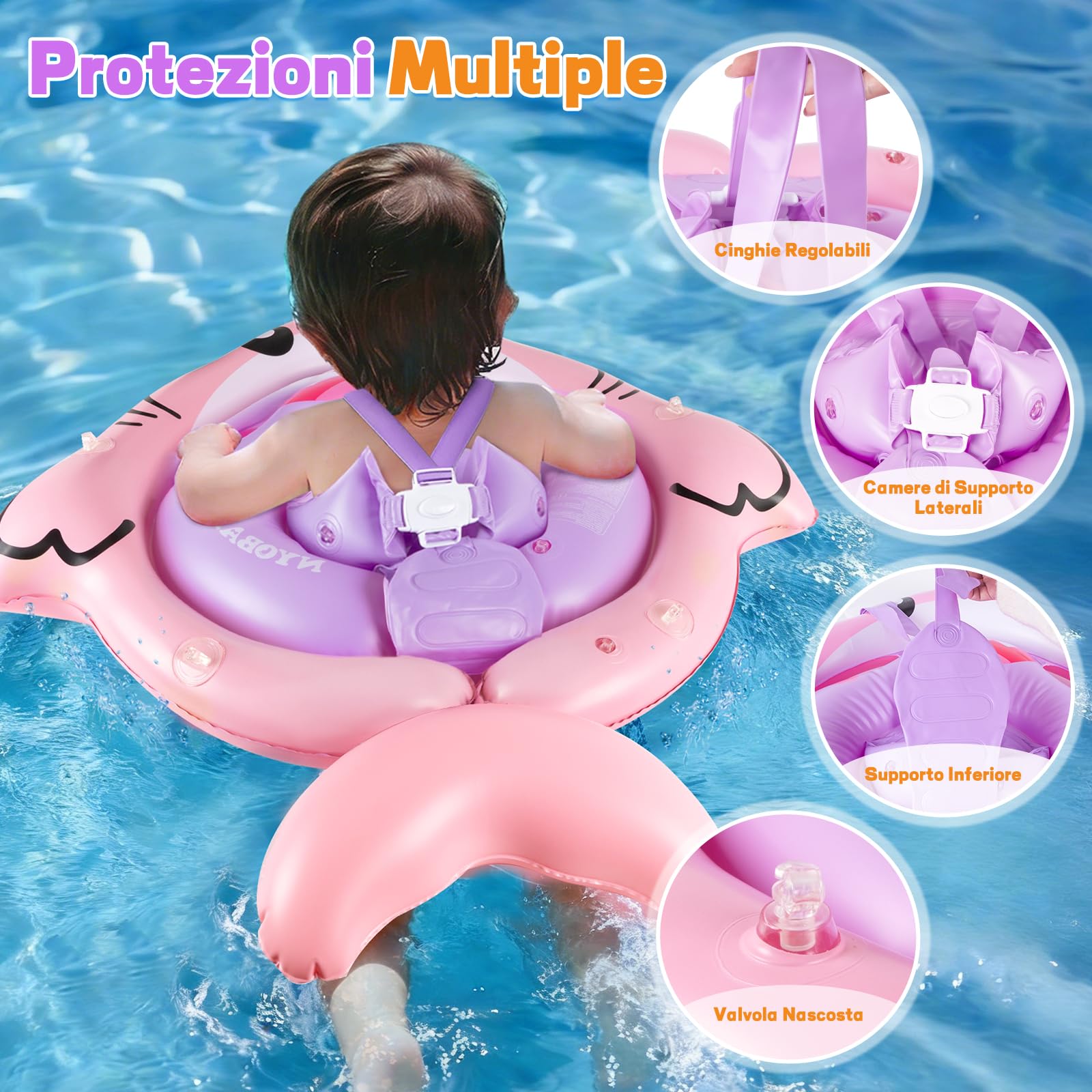 NYOBABE Salvagente Neonato con Parasole SPF 50+, Ciambella Neonato Mare 6-36 Mesi con Camera d'aria Posteriore Anti-Ribaltamento, Salvagente Bambini 9-15Kgs