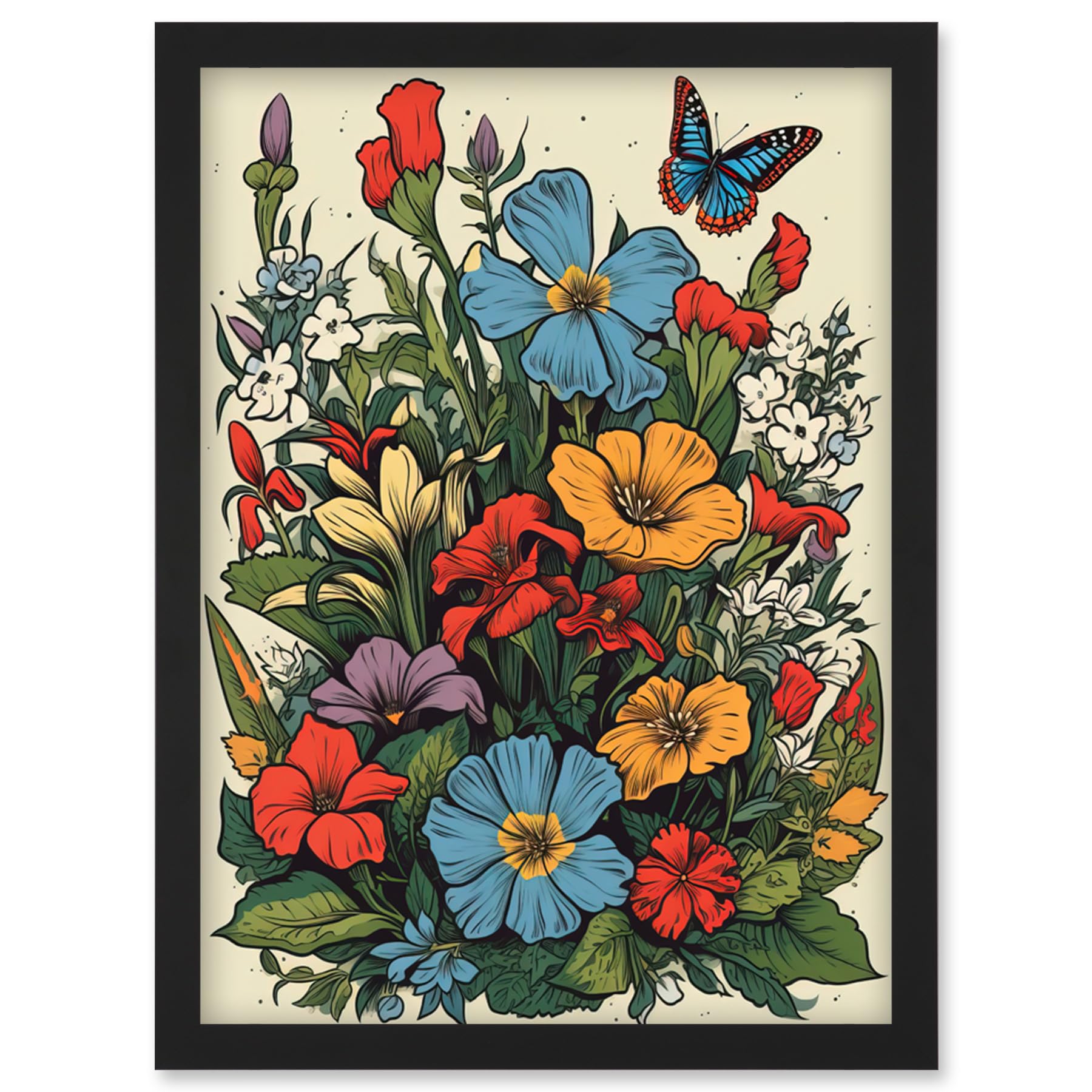 Artery8 Wildflower Meadow Colourful Tattoo Ink Body Art Rockabilly Americana 50s Artwork Framed Wall Art Print A4