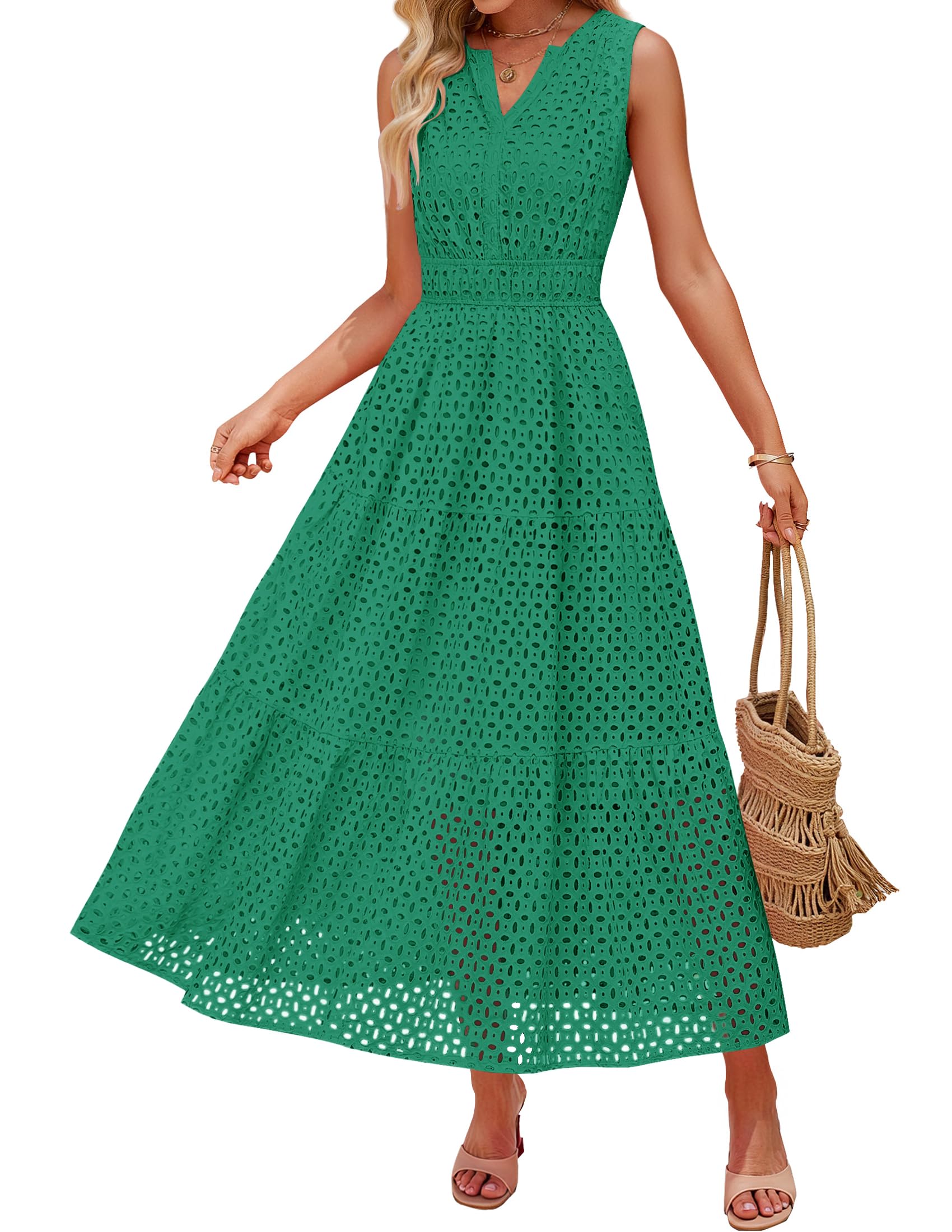 Women's Sleeveless V Neck Hollow Out Eyelet A Line Flowy Maxi Dress