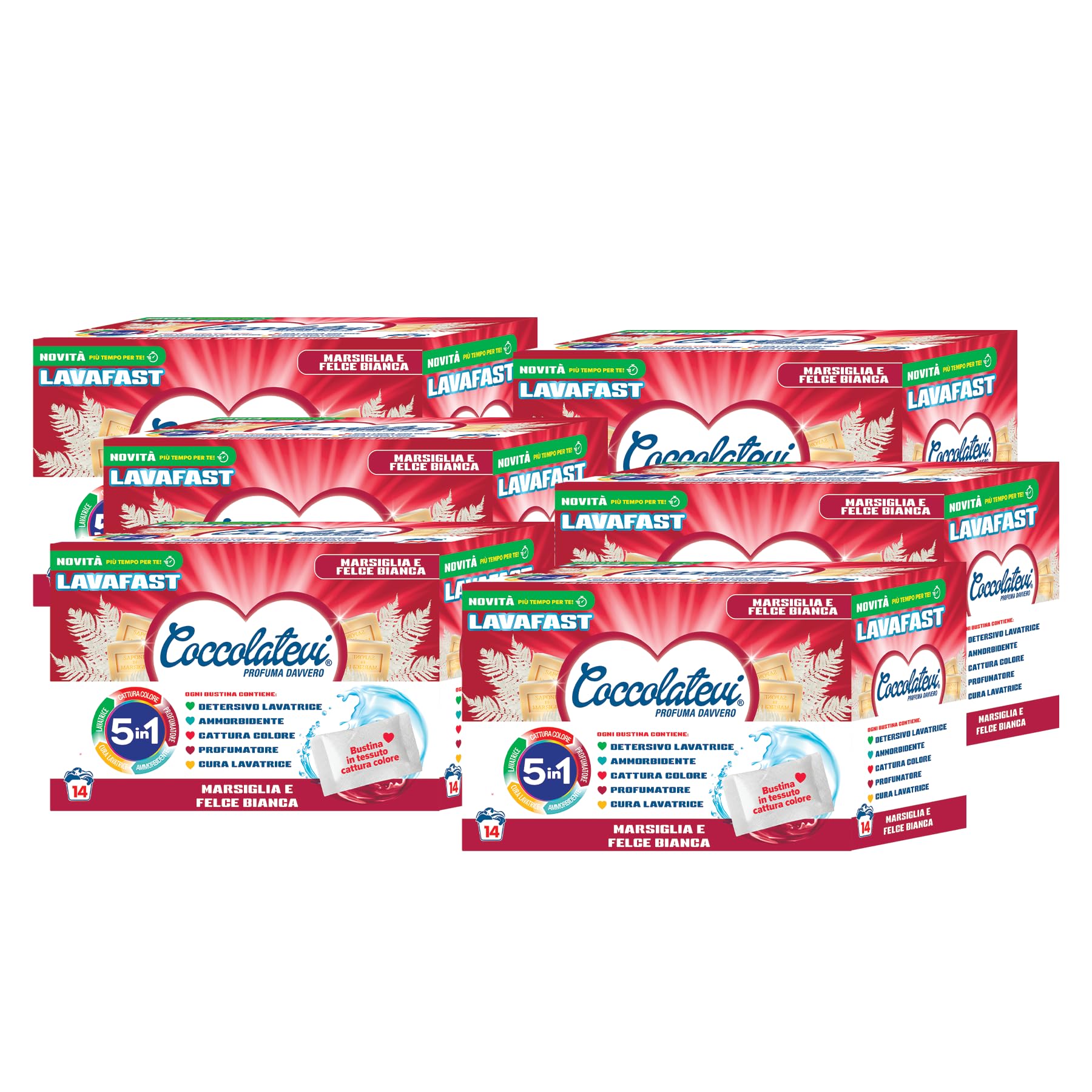 COCCOLATEVI LAVAFAST 5in1 6 Confezioni da 14 Bustine, Detersivo Lavatrice in Bustine Monodose, Ammorbidente, Profumatore, Cattura Colore e Cura Lavatrice (Marsiglia e Felce Bianca)