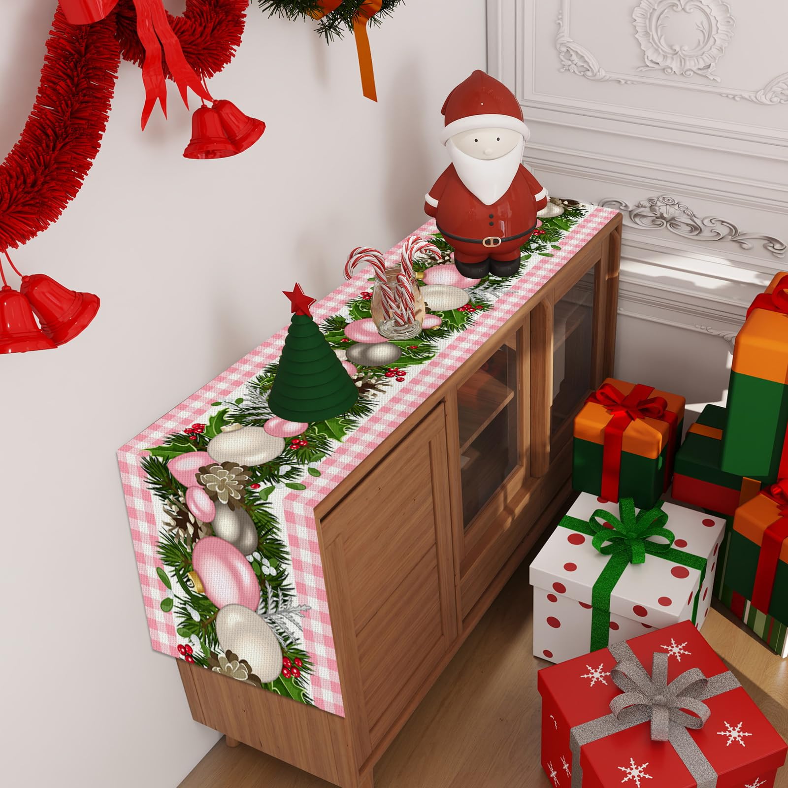 Chemin de Table de Noël, Nappe de Noel Rectangulaire, Lin Rouge et Noir