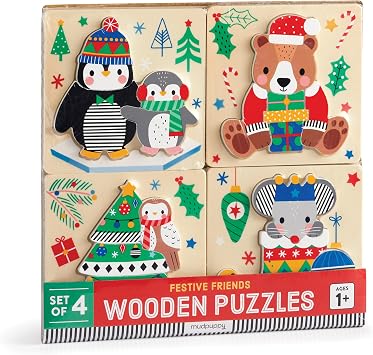 Mudpuppy - Festive Friends - Set of 4 Wooden 4 Piece Puzzles for Kids