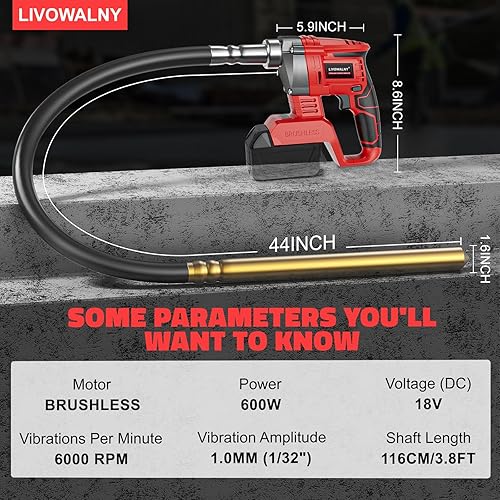 Miniatura 2 de LIVOWALNY Herramienta vibradora de hormigón de mano compatible con batería Milwaukee de 18 V (sin batería), vibrador eléctrico inalámbrico de