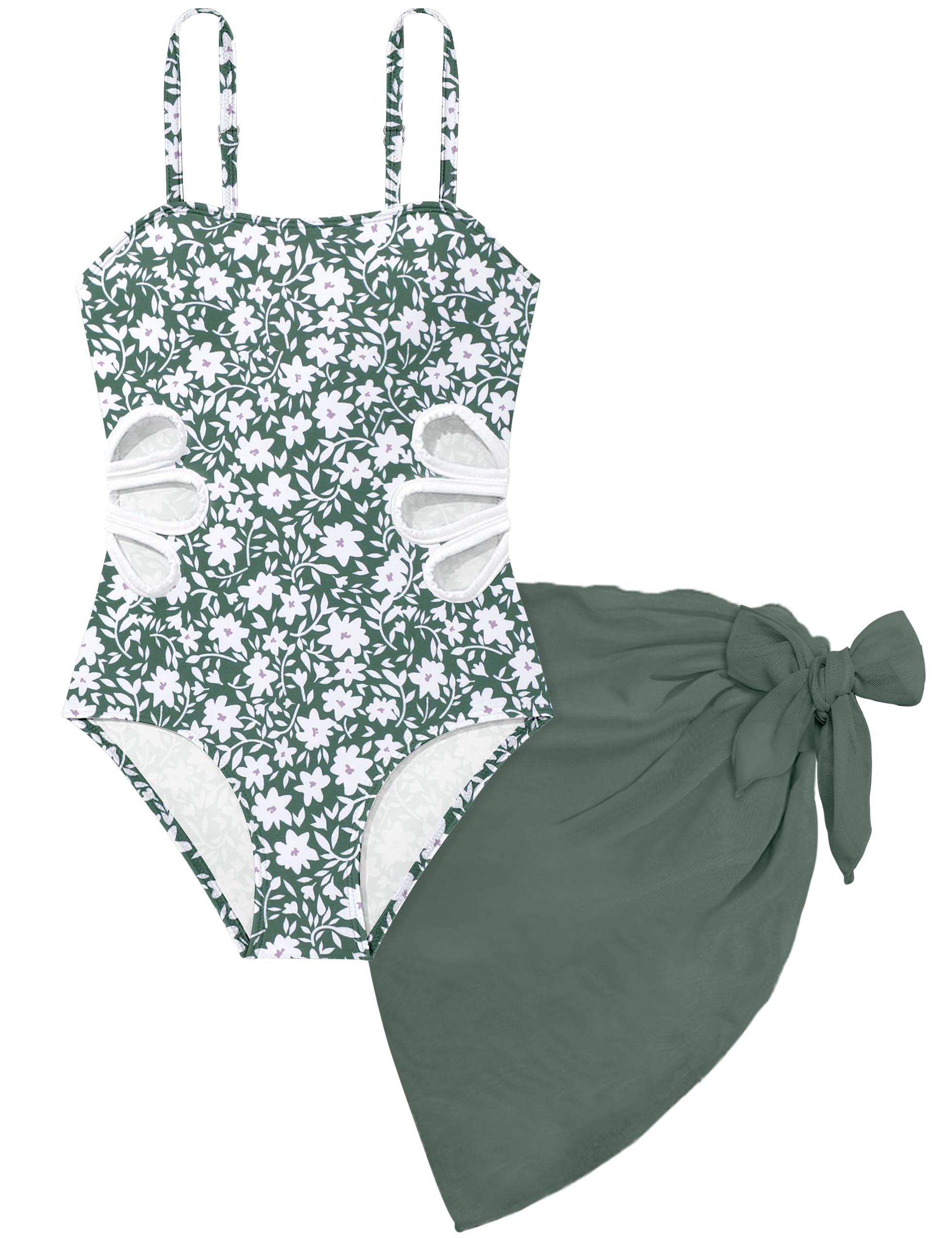 Girls Swimsuit Adjustable Straps Cut Out One Piece Bathing Suit with Solid Color Cover Up Skirt Girls' Swimwear 5-16Y