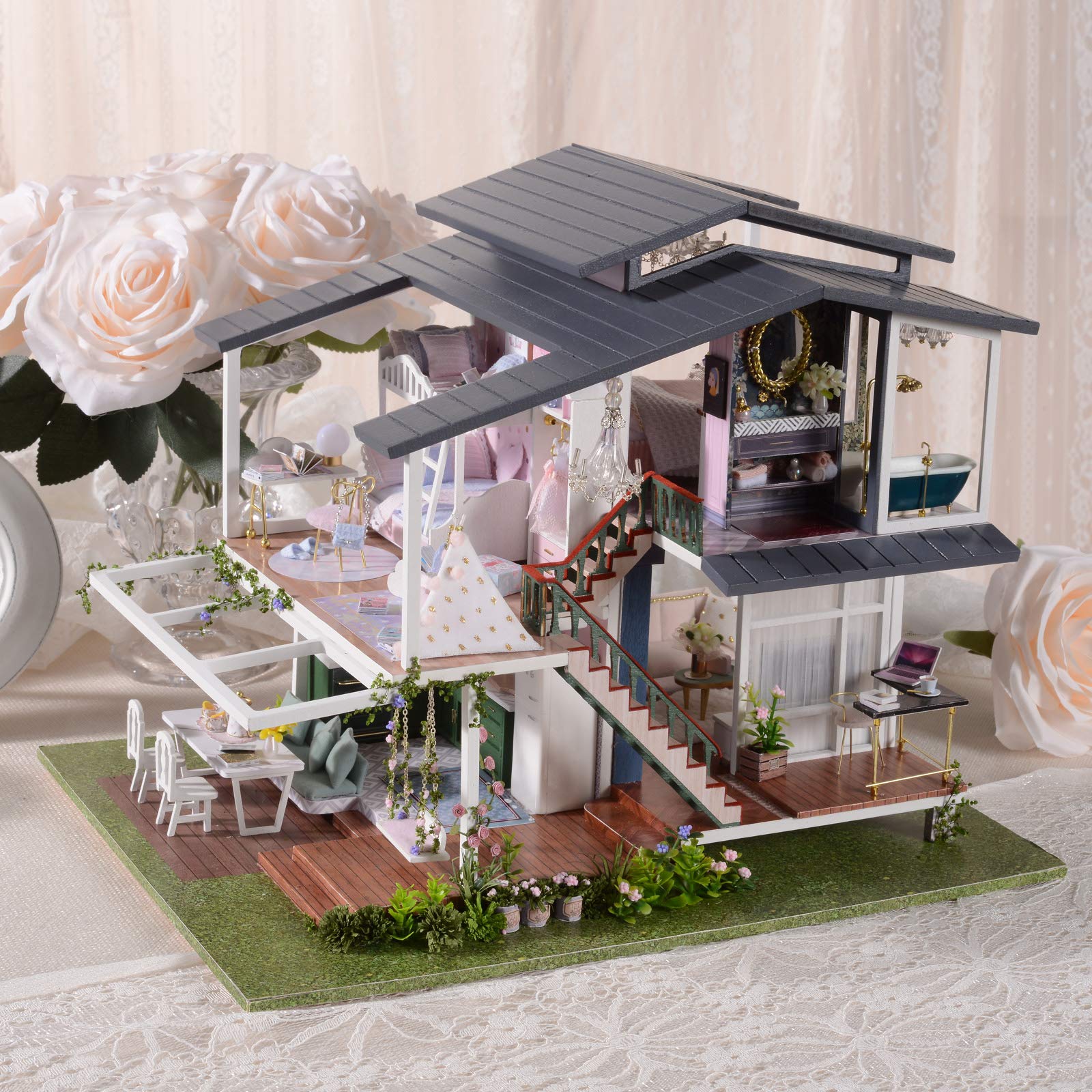Cuteefun Maison Miniature a Construire DIY Maison Poupee Miniature Bois en Kit avec Musique et Meubles, Cadeau de Bricolage Artisanal pour Les Femmes (Monet Garden)