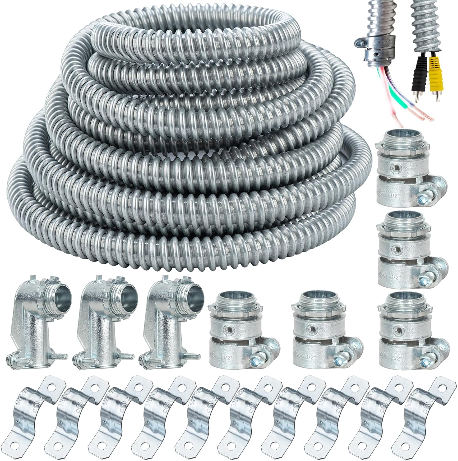 (1/2" Dia * 50 Feet) Yariwiz Flexible Steel Electrical Conduit Steel Conduit Kit with 5 PCS Coupling, 3 PCS Elbow and 10 PCS Strap, S-LCCK-0.5-50FT-KIT