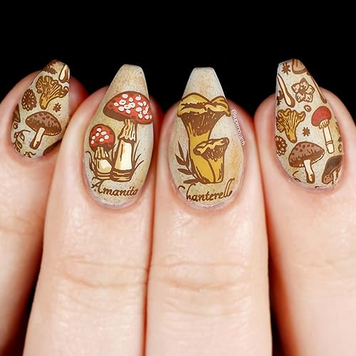 Miniatura 5 de Maniology Magic Mushrooms Nail Stamping Plate  Hongos Bosques Bosques Caracoles Diseños de Uñas Manicura Reutilizable, Rectangular, Plantilla de