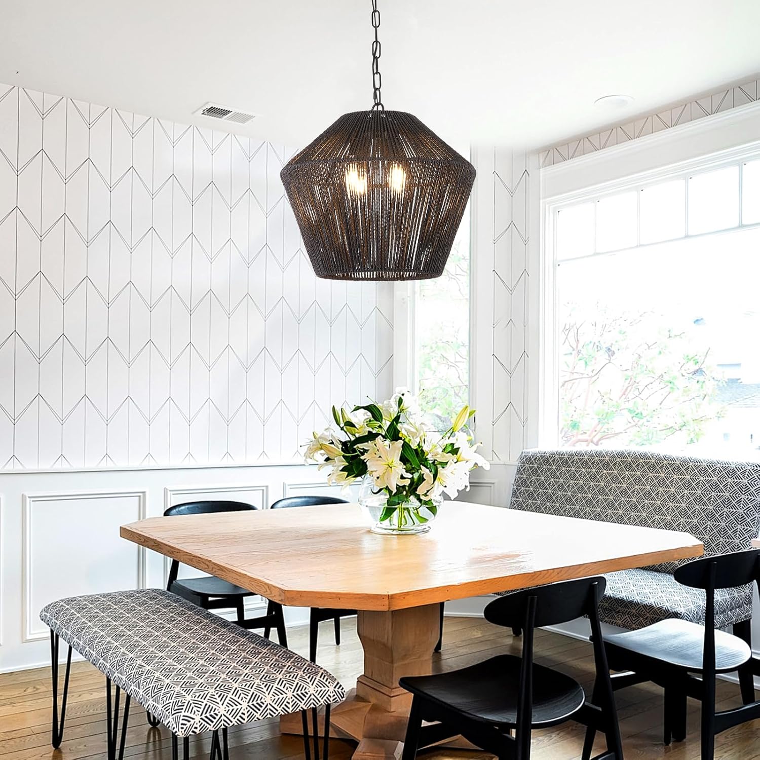 Dining Room Light Fixtures Over Table, 4-Light Modern Boho Chandelier Come with Black Rattan Rope Lampshade for Dining Room, Bedroom or Living Room (a Set of Lamp)