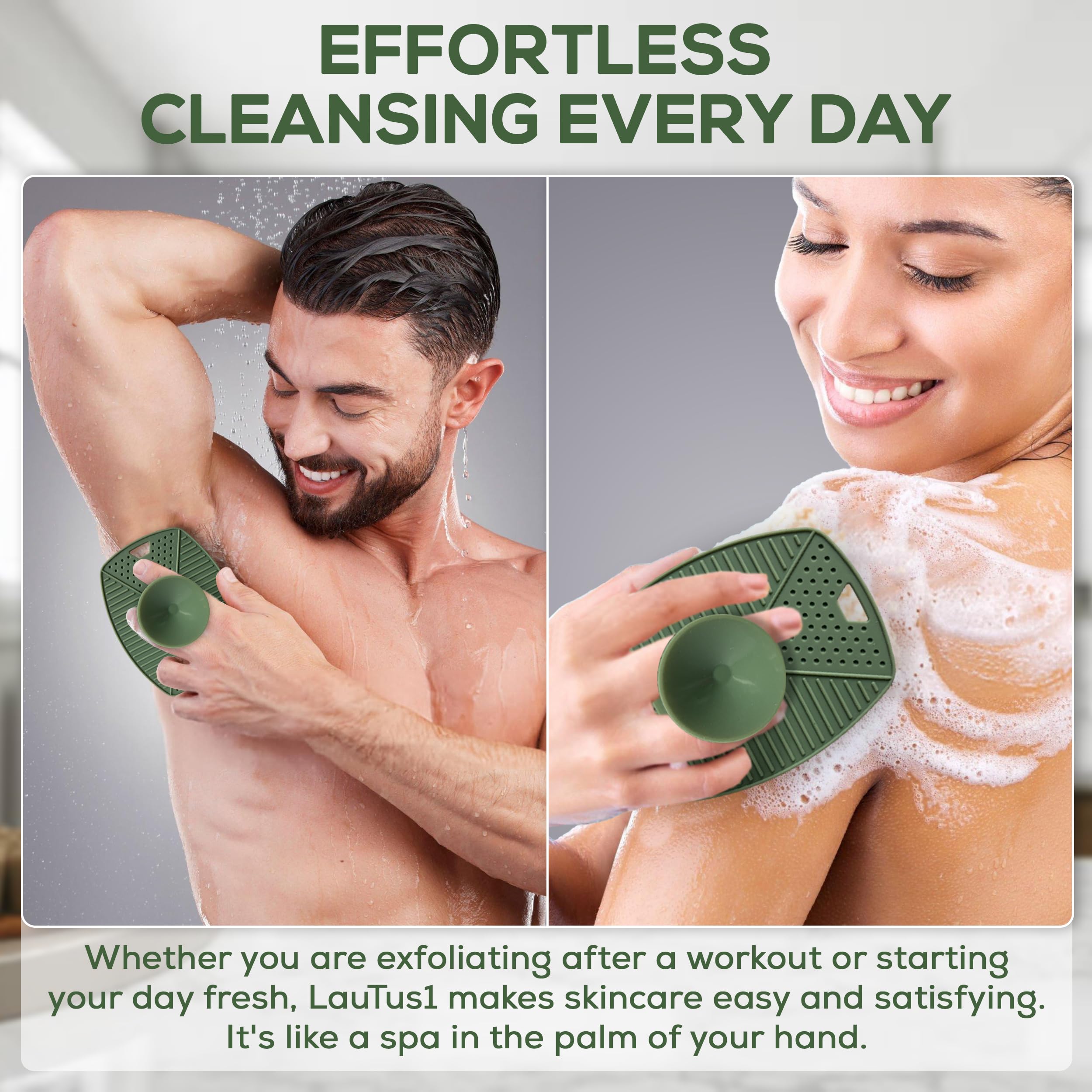 LauTus1 Silicone Shower Scrubber, Gentle Exfoliating Body Brush with Suction Handle & Hook - Image 3