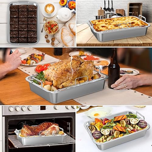 Miniatura 6 de onlyfire - Sartén para asar con estante en U, de acero inoxidable, para asar pavo, pollo, carne y verduras, apta para horno de 16 pulgadas