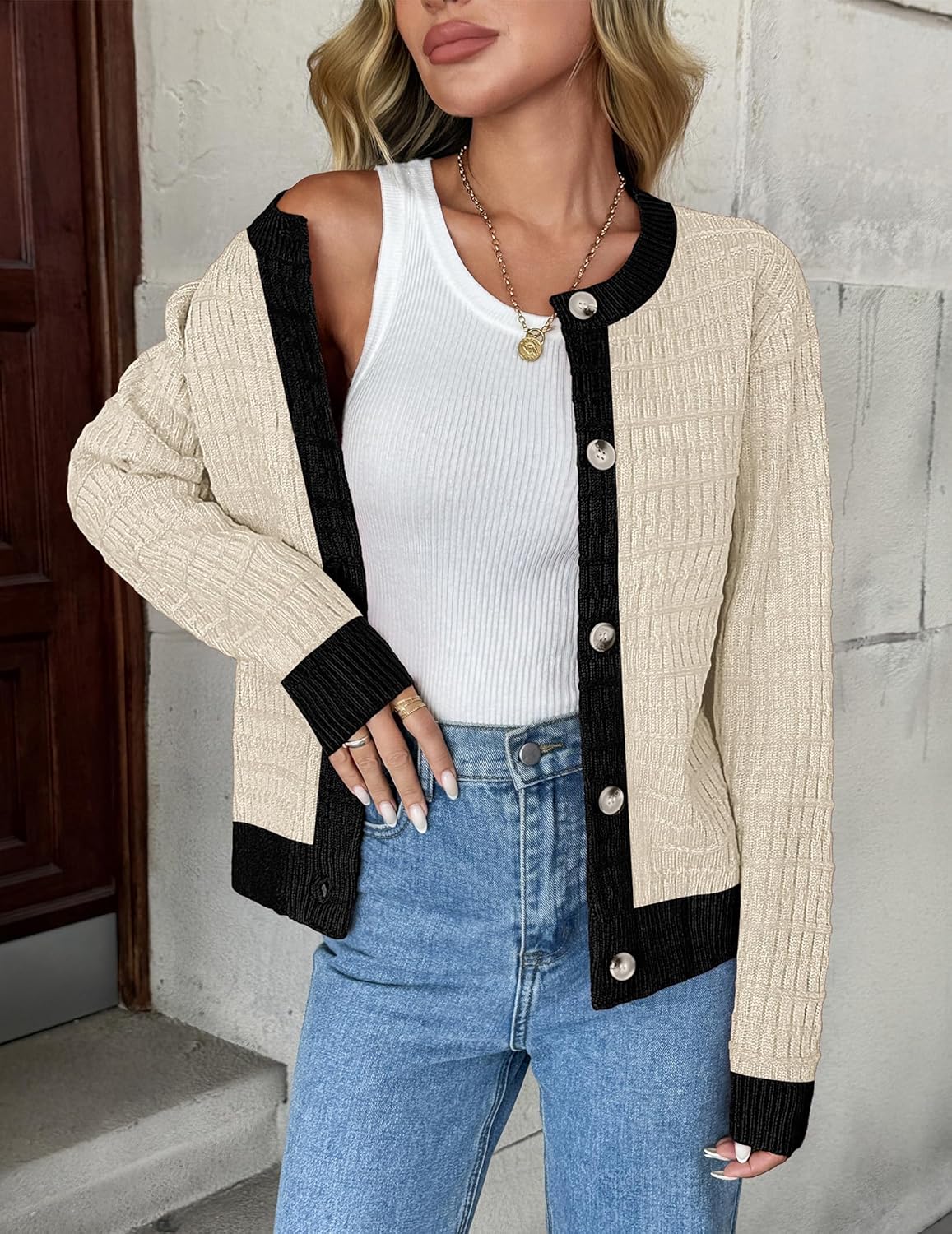 Zeagoo Women's 2026 Cardigan Sweaters Button Down Crew Neck Open Front Long Sleeve Knit Cropped Jackets - Image 3