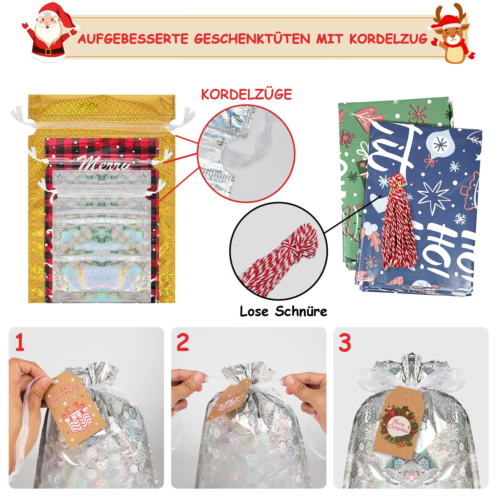 50 Sacchetti Regalo Natalizi In 5 Misure Con 60 Etichette Kraft E 2 Spaghi - Decorazioni Con Babbo Natale, Renne E Albero - 2