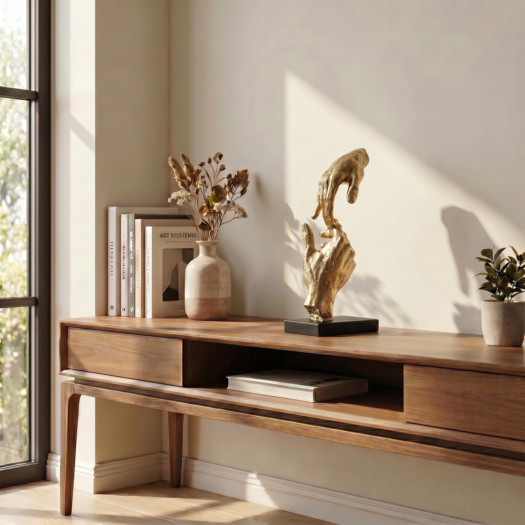 Casablanca Skulptur Two Hands, Deko Figur Gold, Kunstharz Statue Wohnzimmer, Büro Dekoration H. 29 cm x B. 13,5 cm - Moderne Skulpturen, Hand Symbol Zusammenhalt
