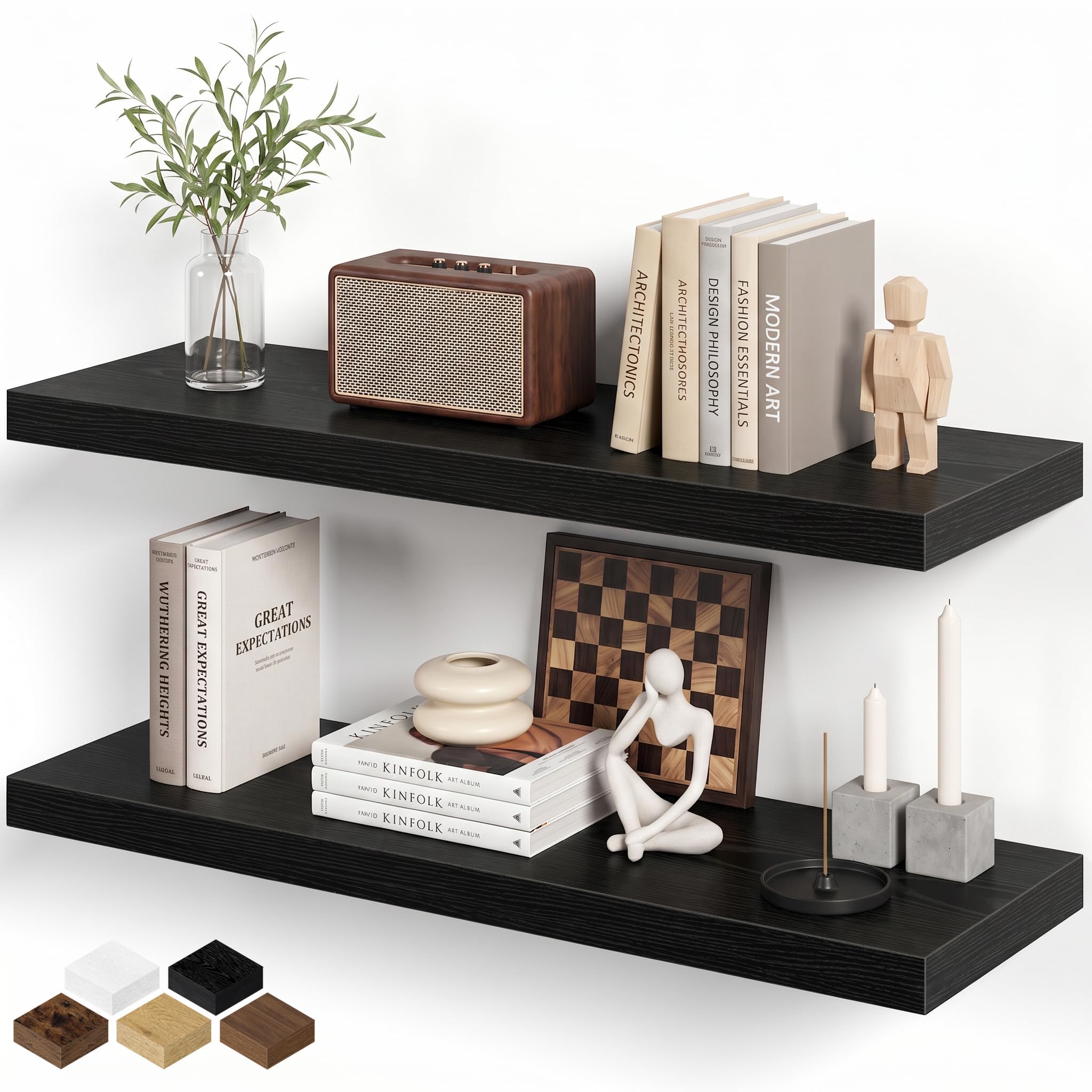 Fun Memories Floating Shelves - 2 Pack 76cm Long Rustic Wooden Wall Shelves - 20cm Deep Wall Mounted Storage Shelf with Invisible Heavy-Duty Brackets for Books, Bathroom, Kitchen - Black — image 1