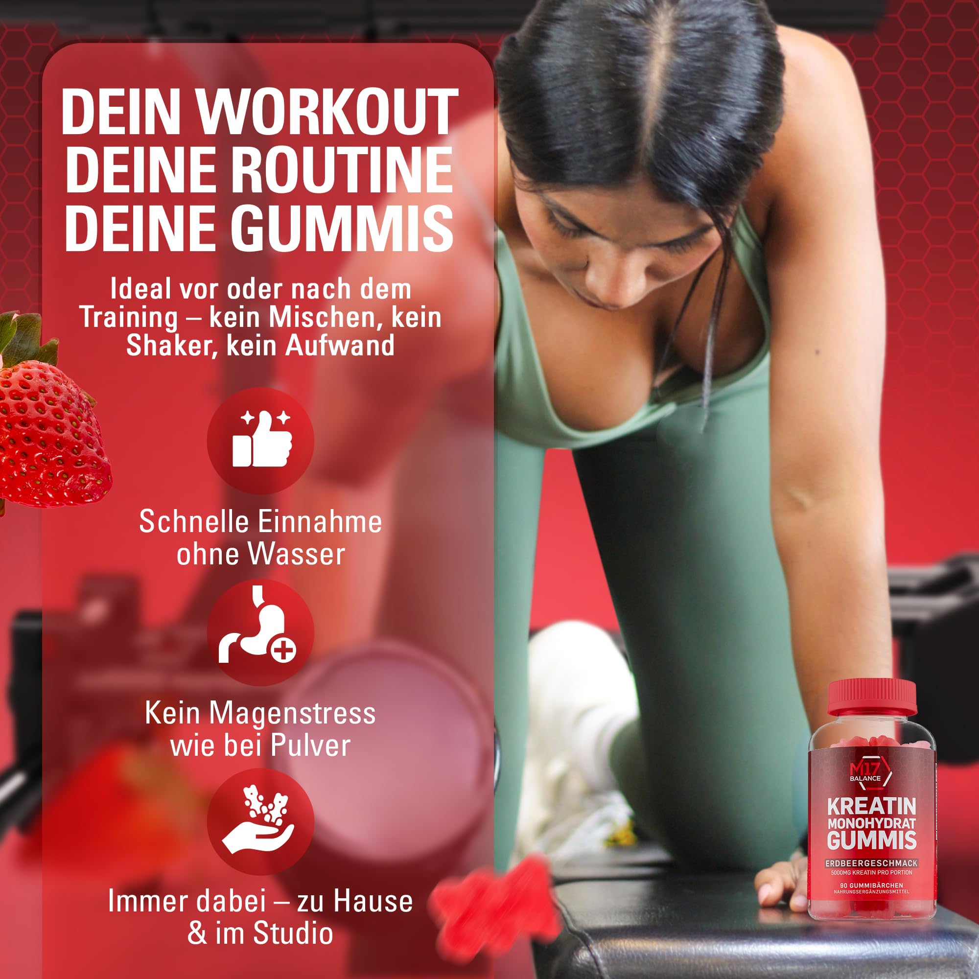 Creatin Monohydrat Gummibärchen - 5000 mg Kreatin mit BCAAs & L-Carnitin pro Dosis - Für Muskelaufbau - Zuckerfrei, Anti-Schmelz-Formel, Vegan, Glutenfrei - 30 Portionen (90 Stück, Erdbeere)