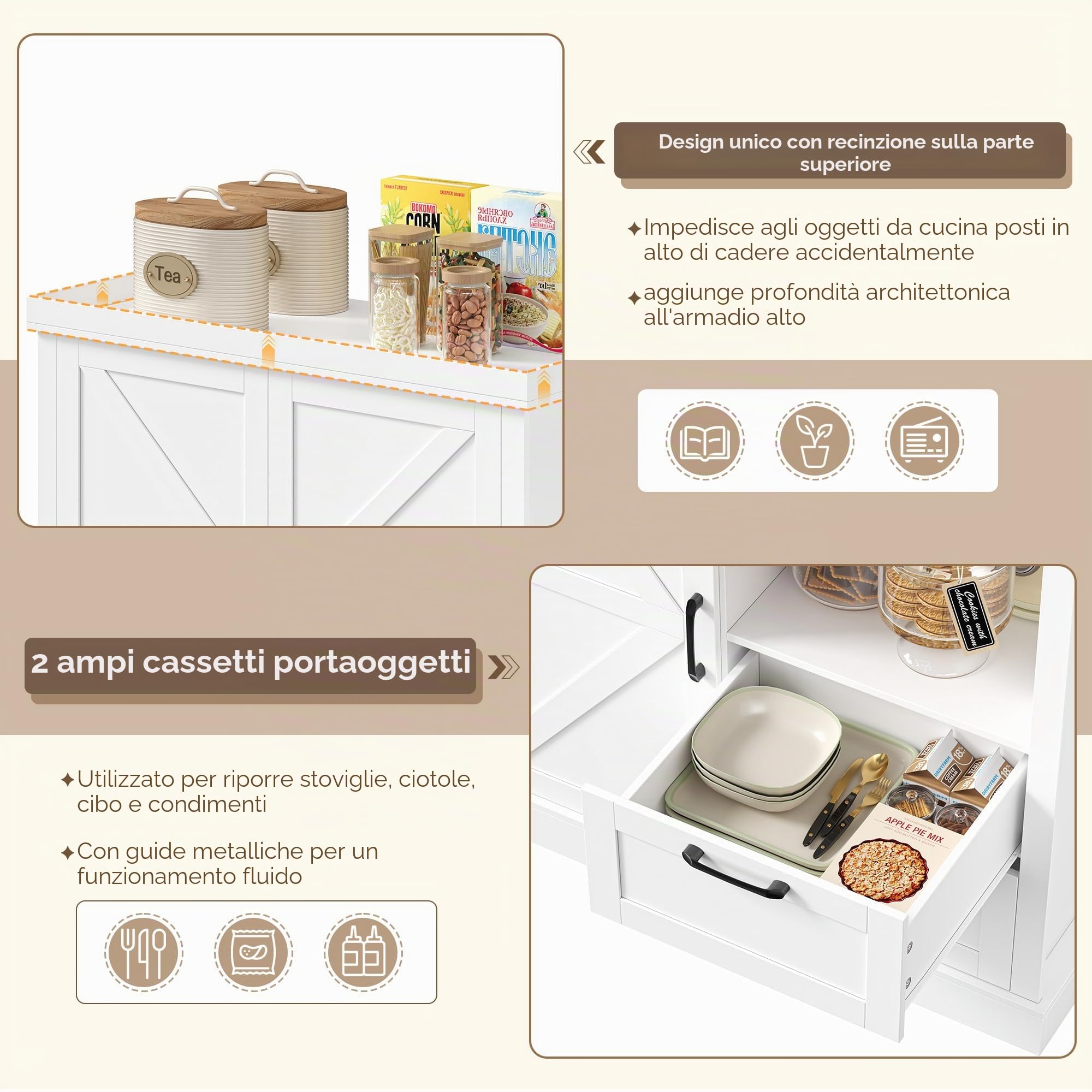 HOCSOK 193cm Alta Credenza Cucina, Mobile Dispensa, 3 Ante 2 Cassetti