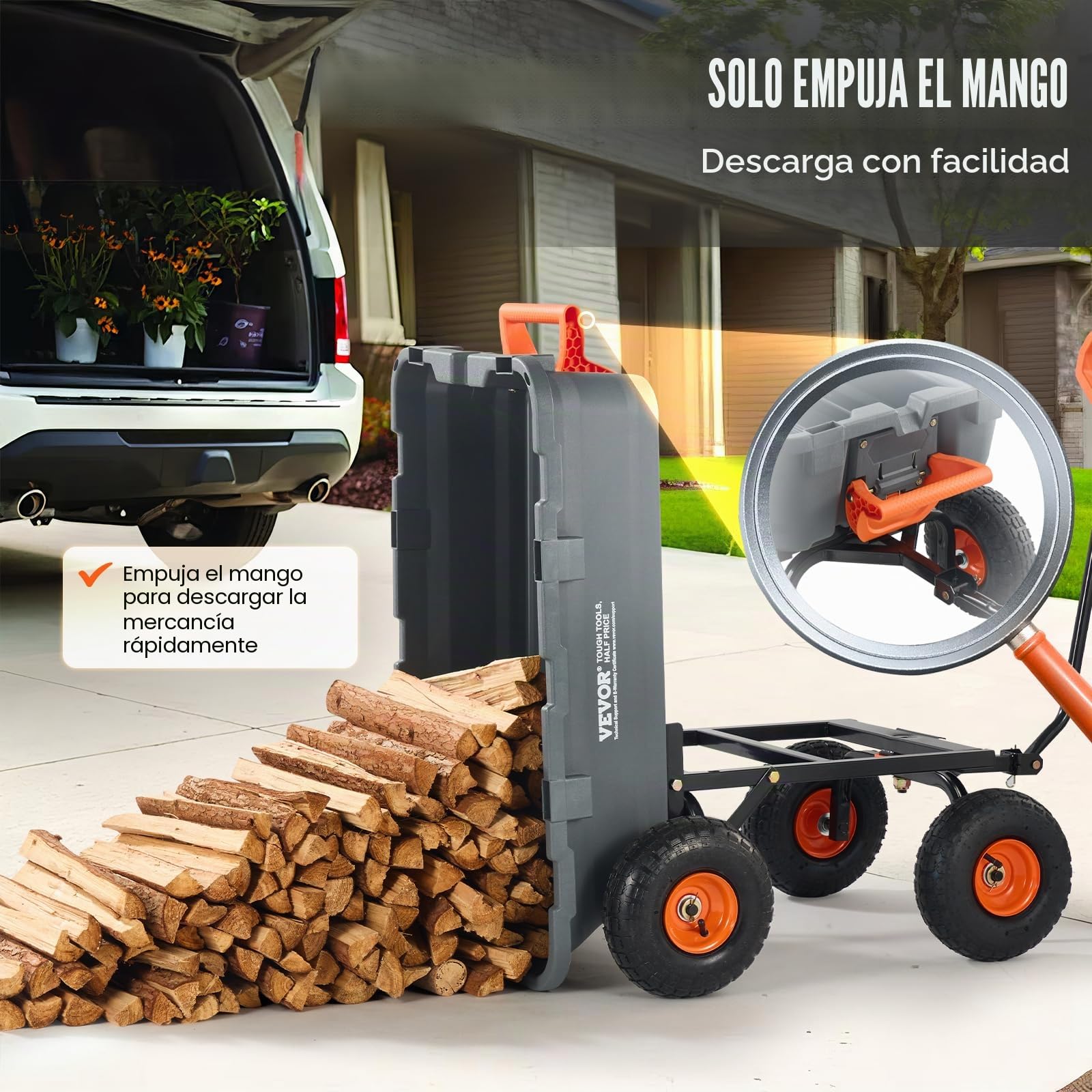 VEVOR Carro Volquete de Polietileno para Jardín con Marco de Acero Fácil de Montar, 2 en 1 Carro Volquete con Mango Convertible, Neumáticos de 255 mm, 363 kg de Gran Capacidad para Jardín, Patio