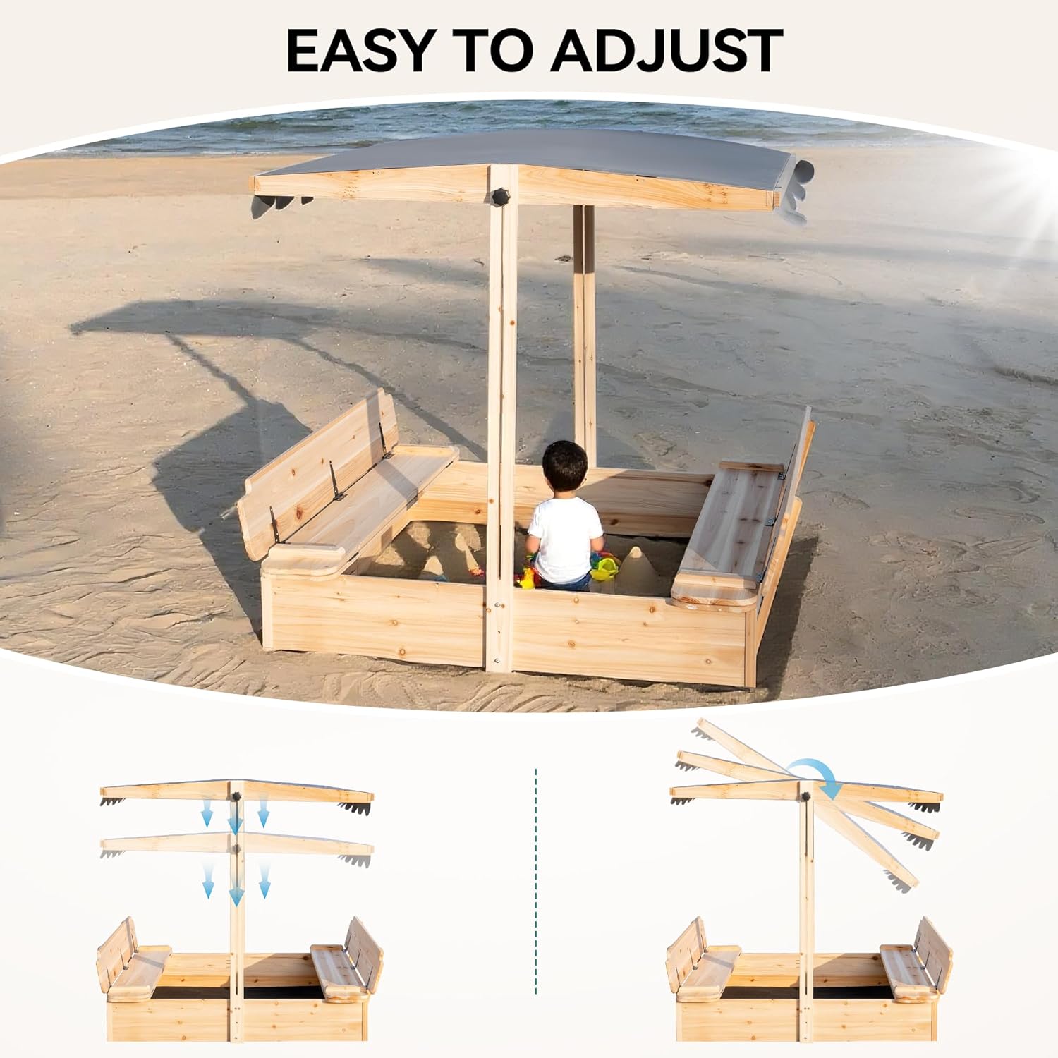 Wooden Sandbox with Lid & Canopy Cover, 48x48 Large Outdoor Sand Box for Kids Ages 4-8, with Foldable Bench Seats, UV-Resistant & Adjustable Height Roof & Bottom Liner