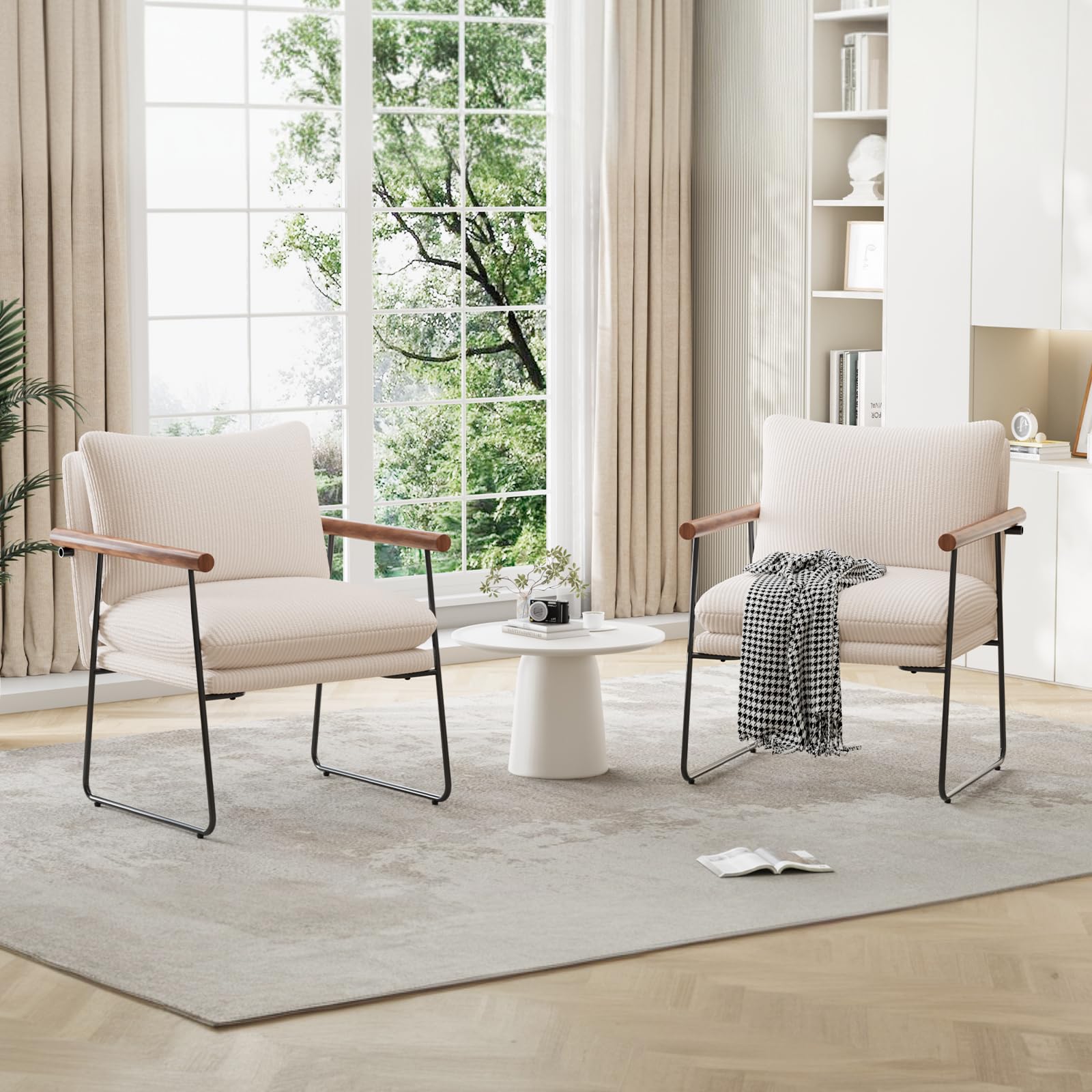 Set di 2 Poltrona Salotto Scandinava, Poltrona Camera da Letto con struttura in metallo, Poltroncina Imbottita con Braccioli per Soggiorno Camera da Letto Sale da Pranzo, Beige