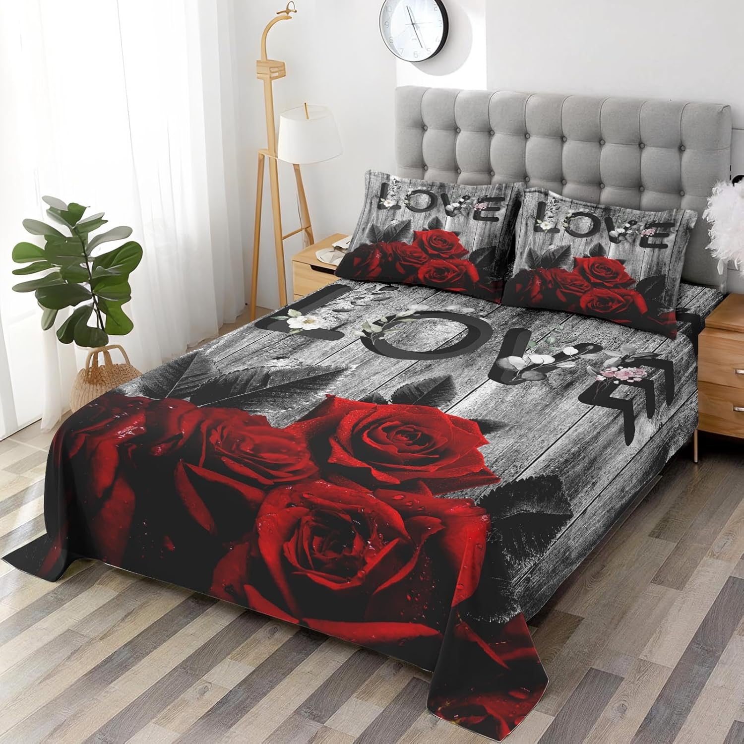 4 Pieces Queen Size Bed Sheet Sets with Pillowcases, Red Rose Flower Vintage Soft Microfiber Bedding for Kids and Adults, Flat, Fitted Sheet for Bedroom Bed Decor