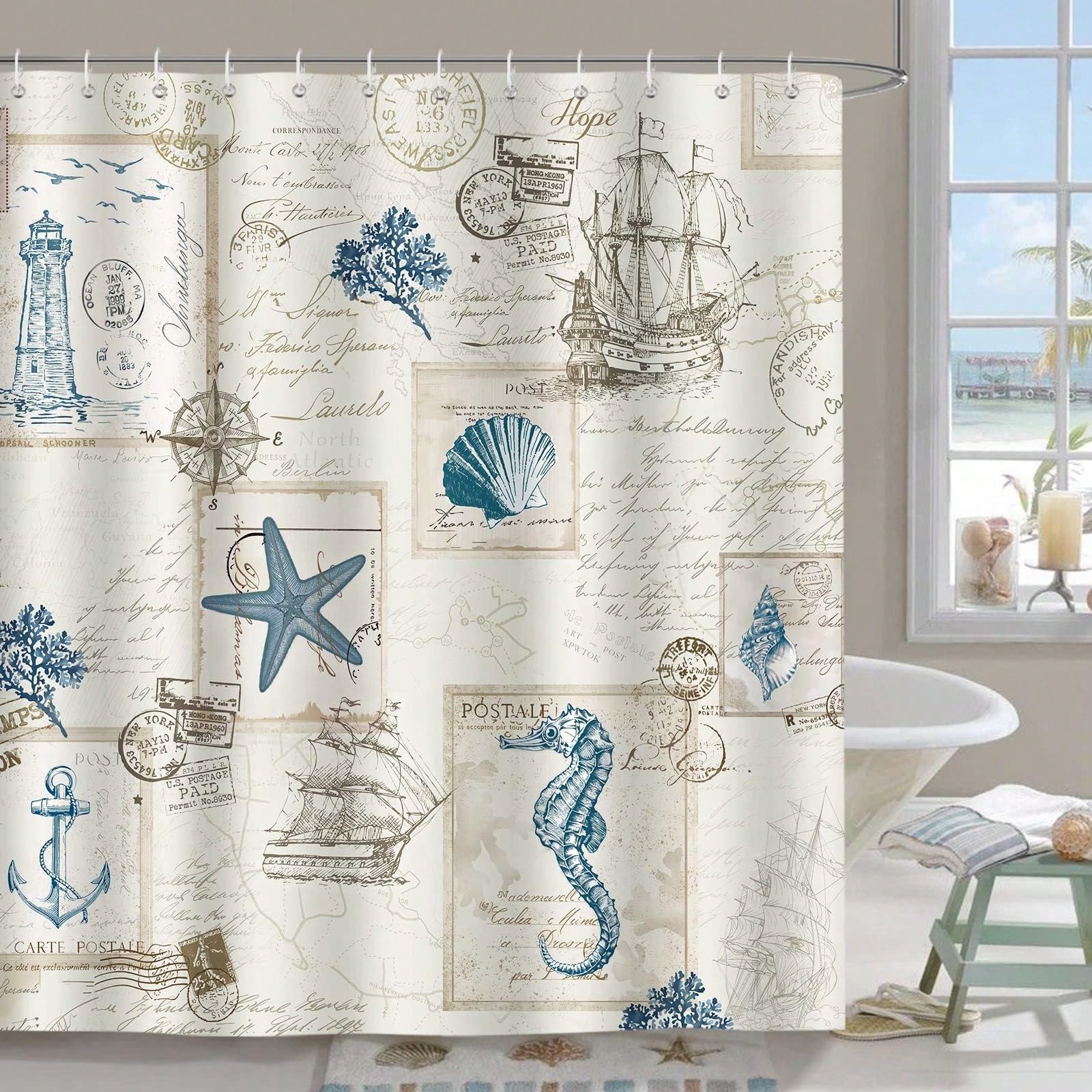 GLKSDLPO Nautical Coastal Themed Shower Curtain, Vintage Mid Century 3D Digital Painting Bathtub Curtain For Bathroom Decor(80x180cm/31x71in(WxH)