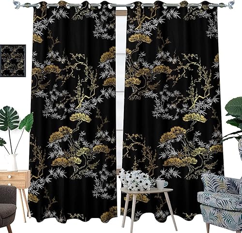 Miniatura 3 de Cortinas opacas japonesas modernas para sala de estar, diseño de pino chino japonés negro y dorado, cortinas de oscurecimiento de habitación con