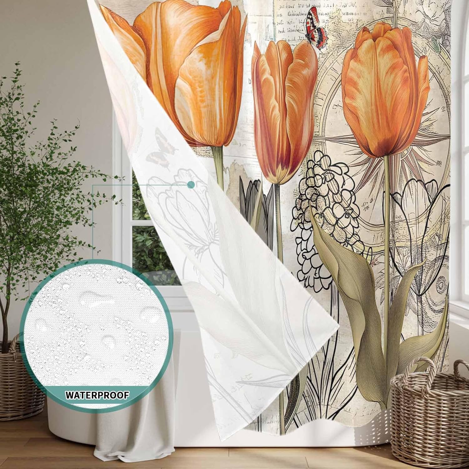 Orange Flower Shower Curtain - Water Repellent Fabric Shower Curtains Washable, Watercolor Retro Tulip Floral Butterfly Decorative Cloth Bathroom Curtains Modern Bath Decor 72"x78"