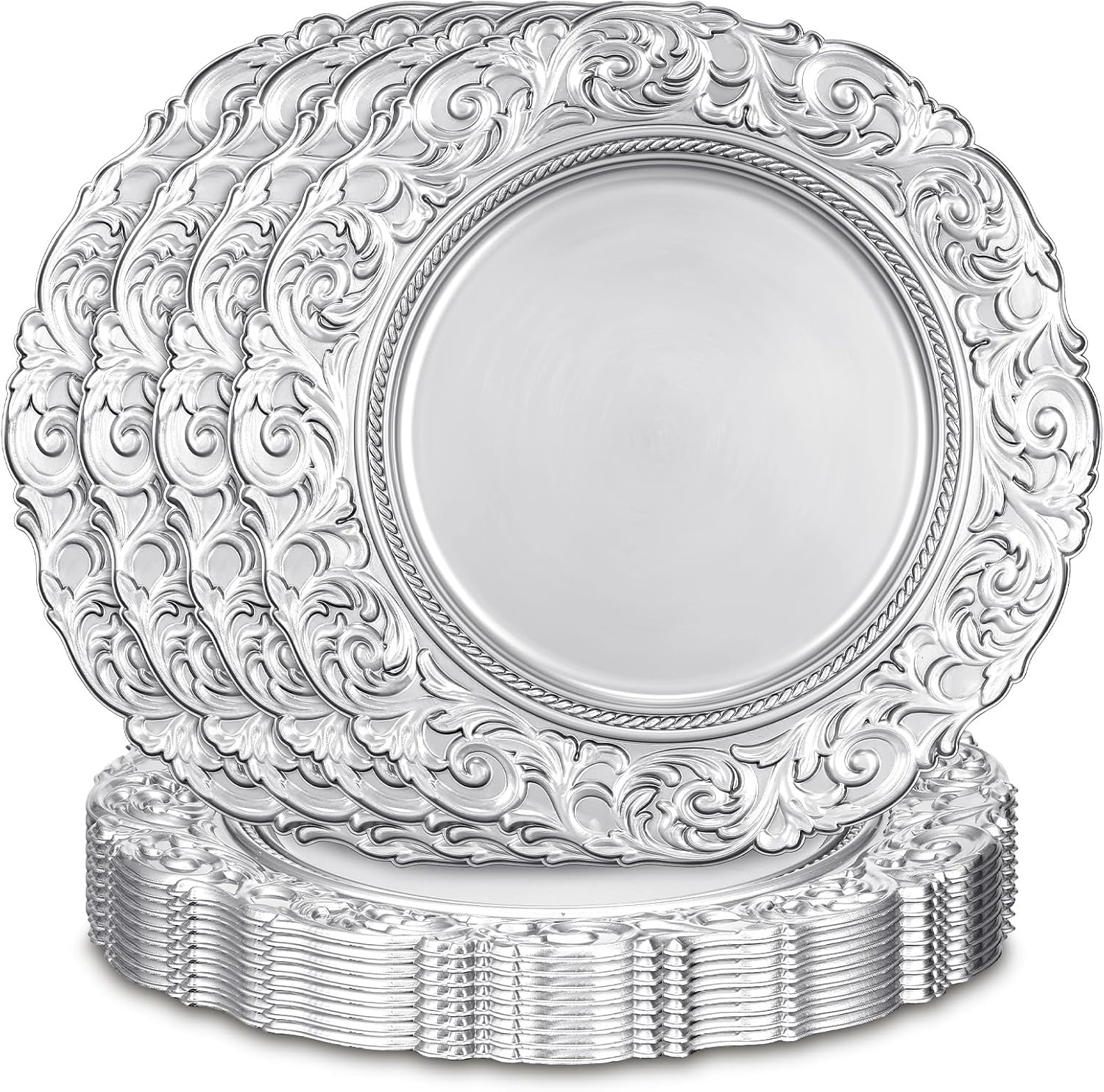 (2 are slightly damaged see pictures) Yinder Set of 12 Antique Charger Plates 13 Inch Plastic Vintage Plate Chargers Decorative Embossed Chargers Engraved Baroque Rim Elegant Tableware Decoration for Dinner Table Wedding (Silver)