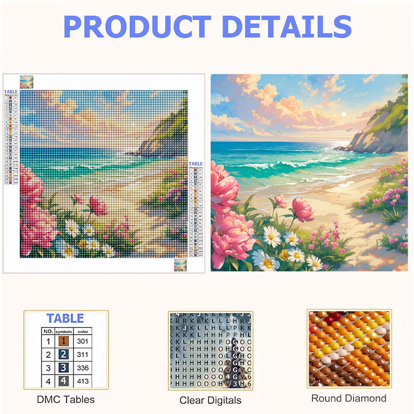 Broderie Diamant Kit Complet 5D, Fleur Diamond Painting Adulte Plein Foret, Peinture Diamant pour Adulte Enfant Débutant, Loisirs Créatifs de Détente et Décoration Maison, Plage 100x100cm FX#605