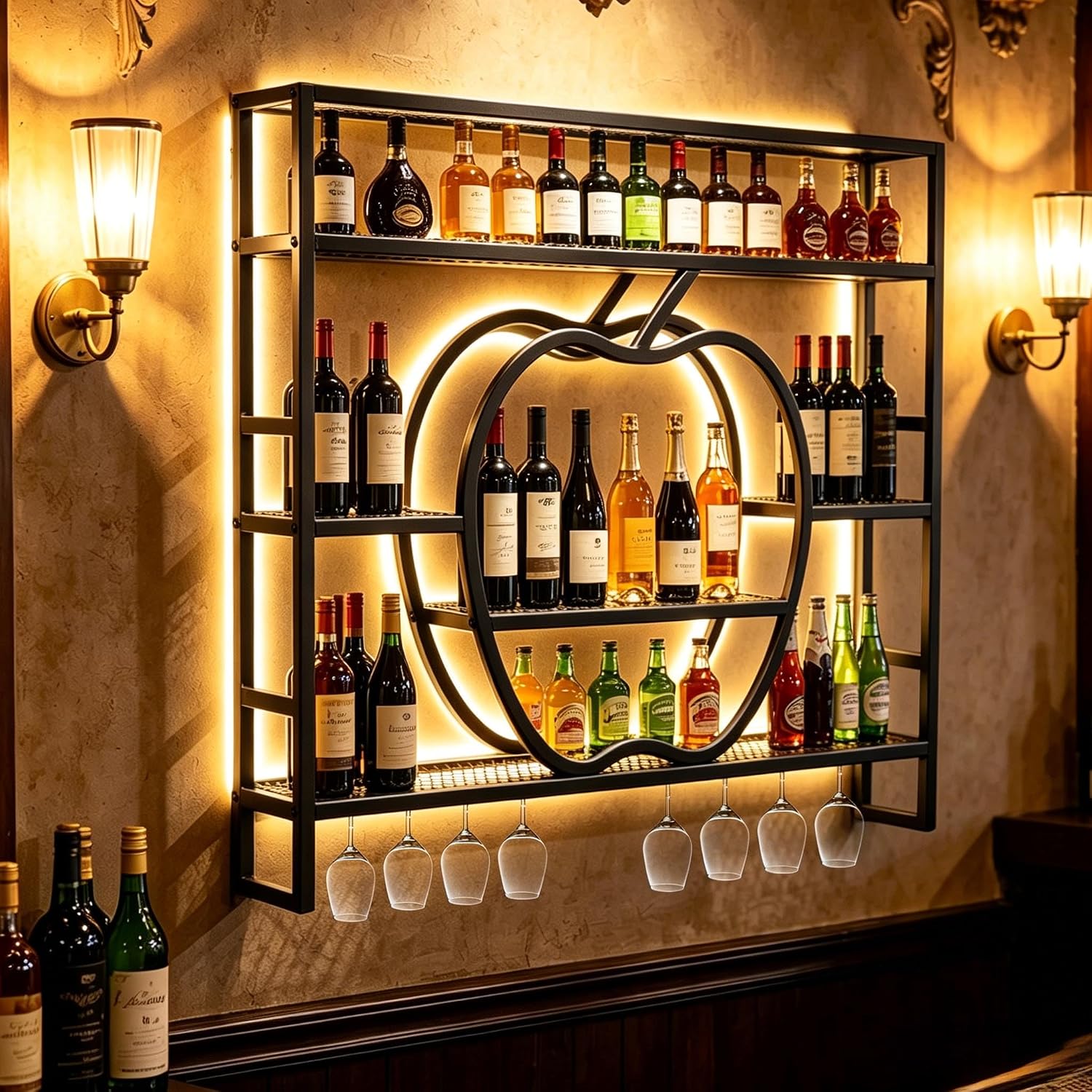 39.3in Wall Mounted Wine Rack with LED Light, Apple Shape 3 Tier Floating Bar Shelves, Gold Metal Wine Bottle & Glass Holder, Large Capacity Liquor Shelf for Home Bar Kitchen Dining Room