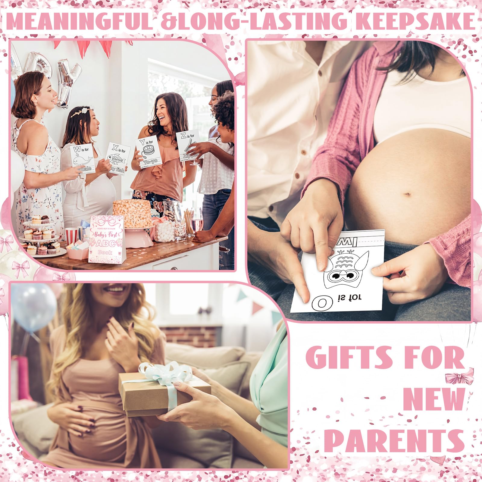 Pink Bow First Abc Book Baby Shower Attività Keepsake per adulti Baby Shower Abc Coloring Guest Book Alternativa 26 Alfabeto dalla A alla Z Carta da colorare con 24 matite 60 Mollette