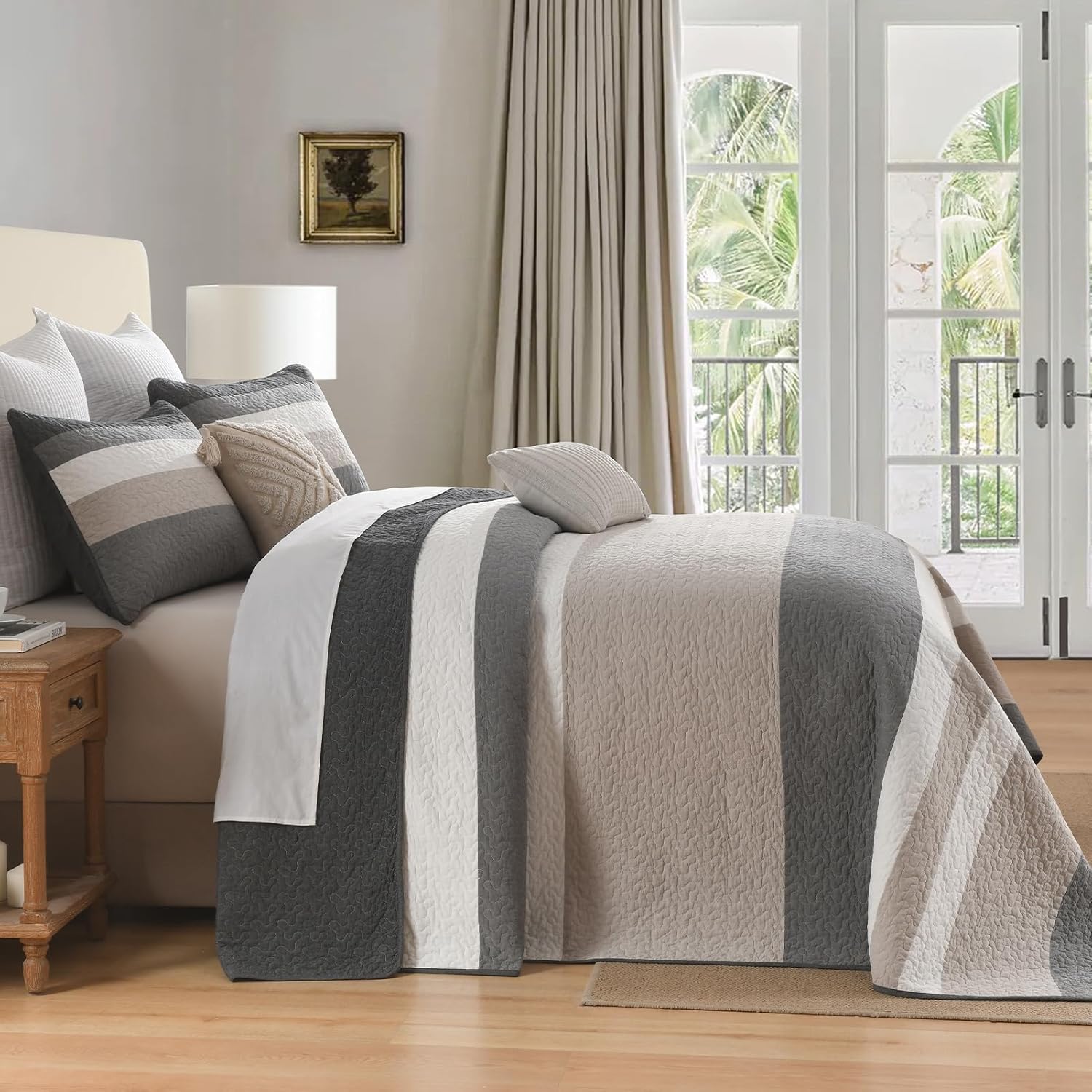 100% Cotton Oversized King Quilt Bedspread Coverlet, 120"x120" Extra Large Quilt Set with 2 Pillow Shams, Yarn Dyed Striped Patchwork, Soft Reversible Bedding Set, Gray/White