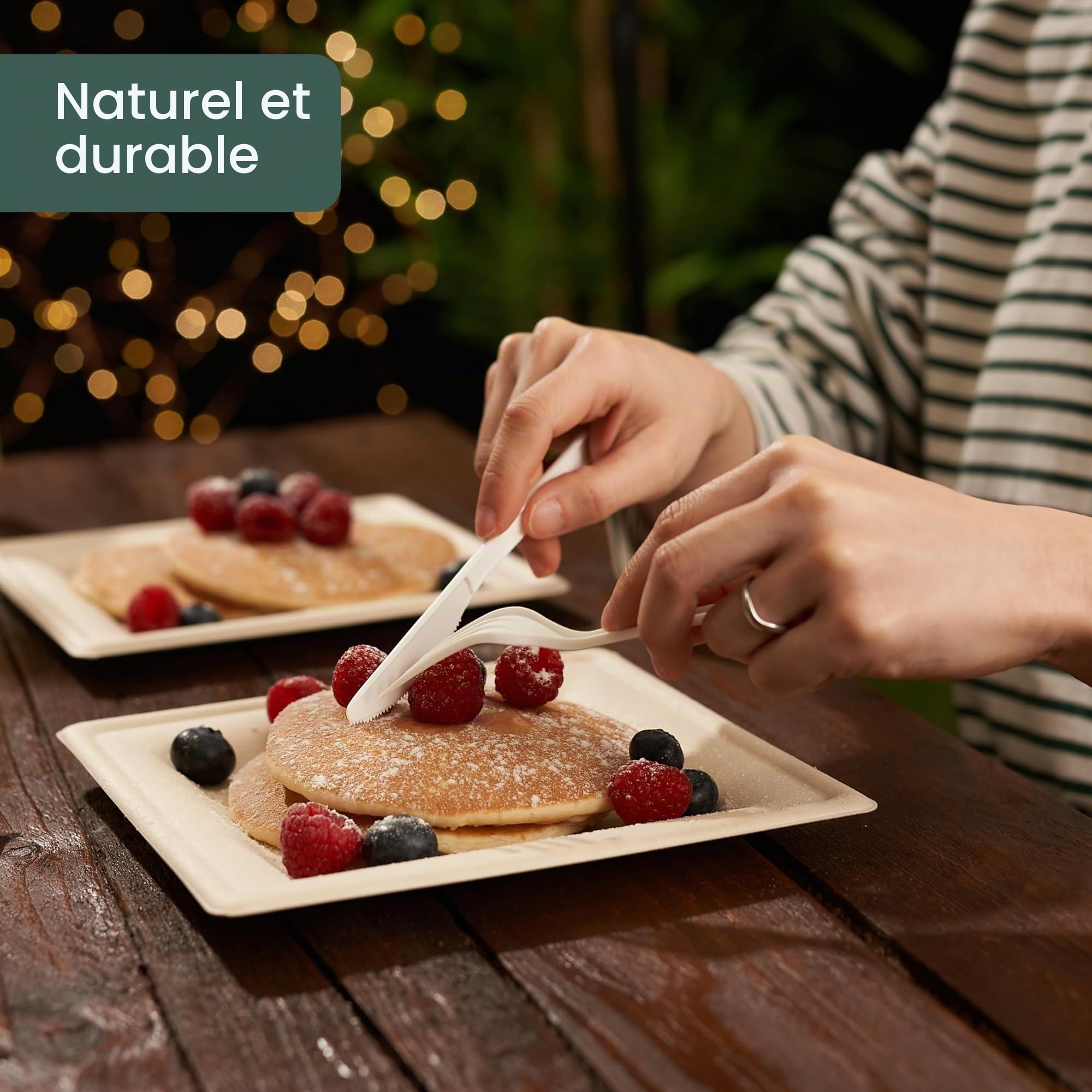 HAAGO 100 Assiettes Solides Compostables en Canne à Sucre, 20 cm / 8 Pouces Carrées – Assiettes Carton Rigides, Anti-Graisse & Anti-Fuites – Jetables pour Chaud & Froid, Fêtes, BBQ, Traiteur