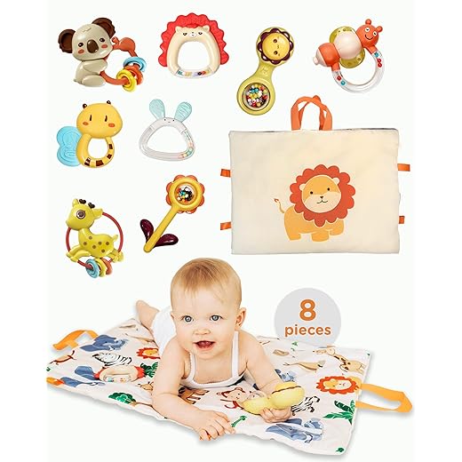 Move2Play, 8 Piece Baby Rattle and Tummy Time Mat Set | Rattle and Silicone Teething Toys | Baby Toys 3-6 Months | 3, 4, 5, 6 Month Old Must Have | Infant Gifts for Boys and Girls