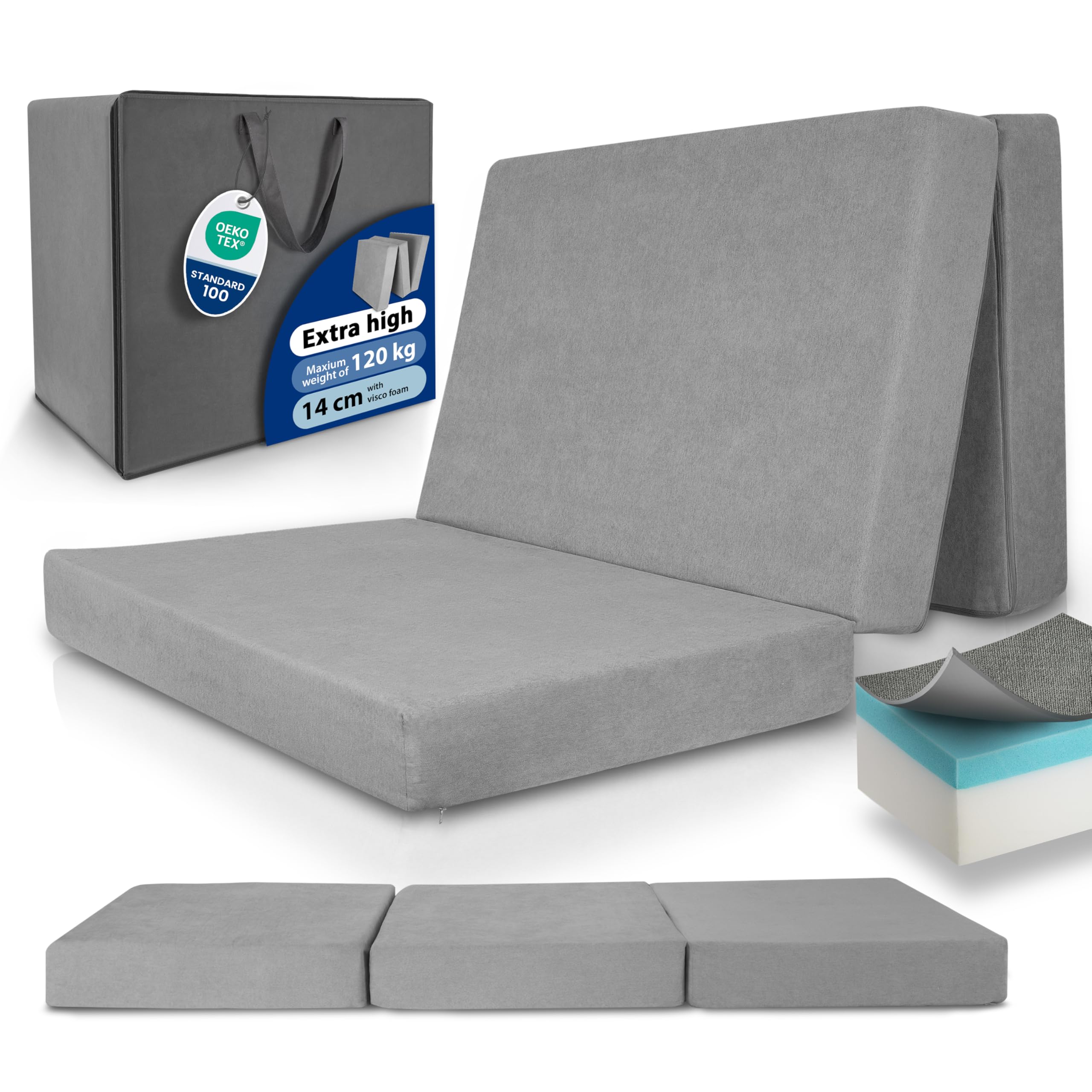 Beautissu Premium XXL Folding Mattress Double 140x200 cm incl. Bag - Extra Thick 14 cm Visco Foam Hardness H3 - Washable Cover - Foldaway Guest Bed Futon Foldable Mattress Travel Grey