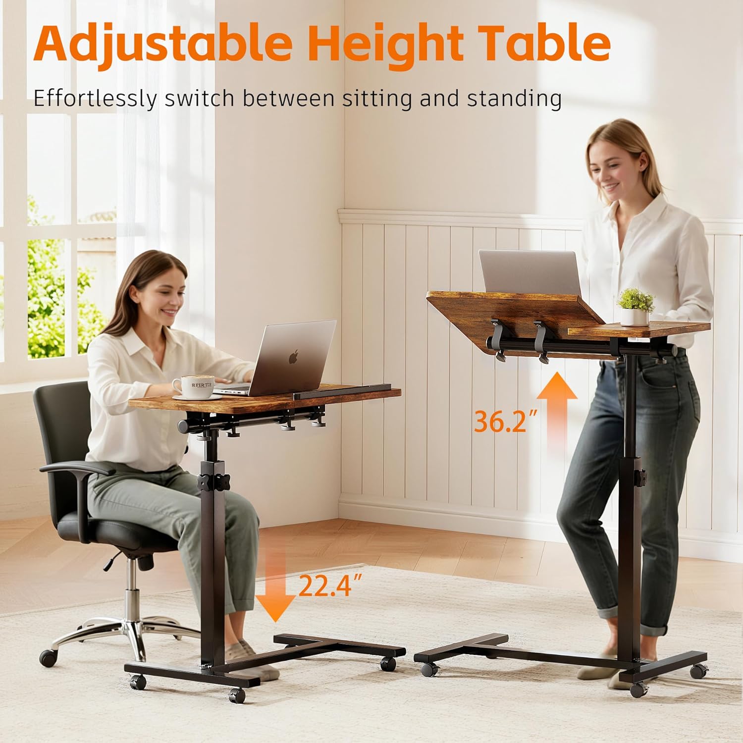 Overbed Tables,Bedside Table,Adjustable Height＆Protable Standing Rolling Desk,C-Shaped Home Office Desk for Livingroom and Bedroom,Brown