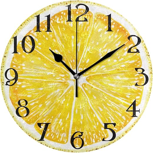 ALAZA Lemon Wall Clock for Kitchen - 9.5 in Yellow Non-Ticking Round Battery Operated Decorative Clock