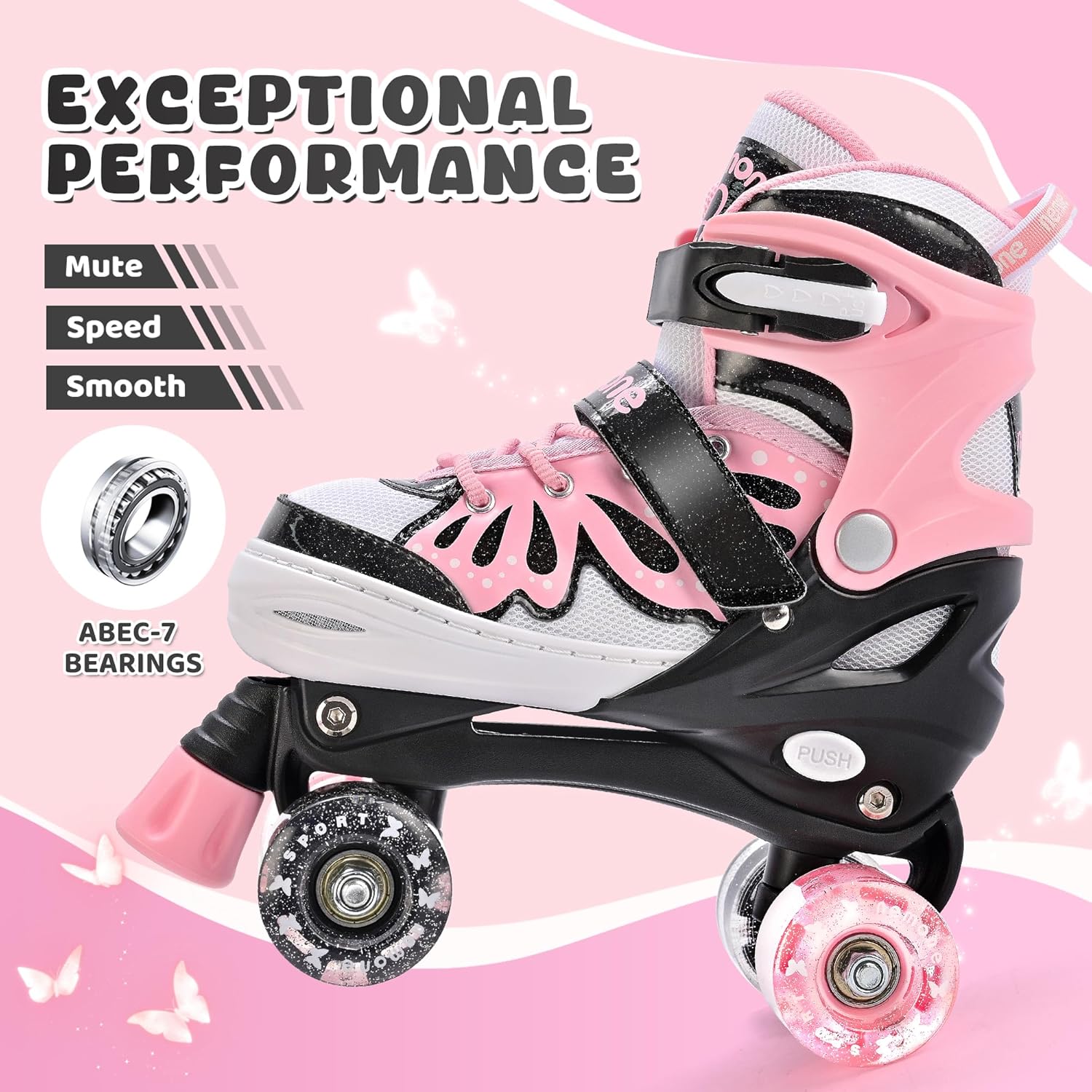 NEMONE Mermaid 4 Size Adjustable Light up Roller Skates for Girls, Purple Blue Skates for Toddlers, Beginner Kids Butterfly Roller Skates Indoor Outdoor